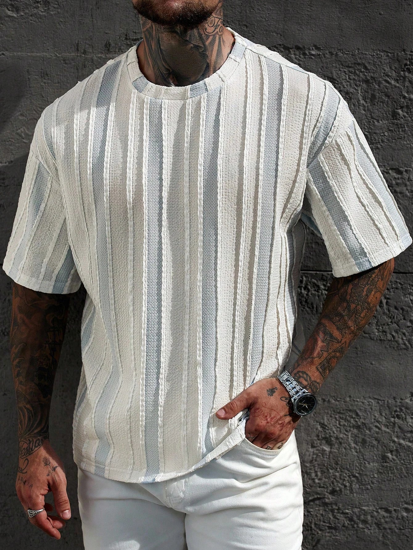 Men's Casual Colorblock Stripe Textured T-Shirt, Summer