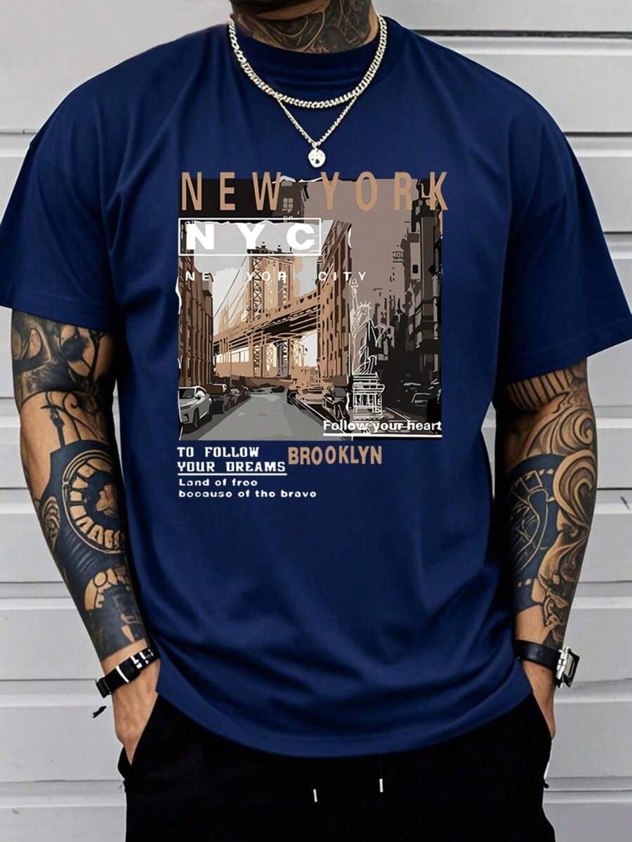Men's Casual Cotton Streetwear Street View Of Brooklyn New York T-Shirt