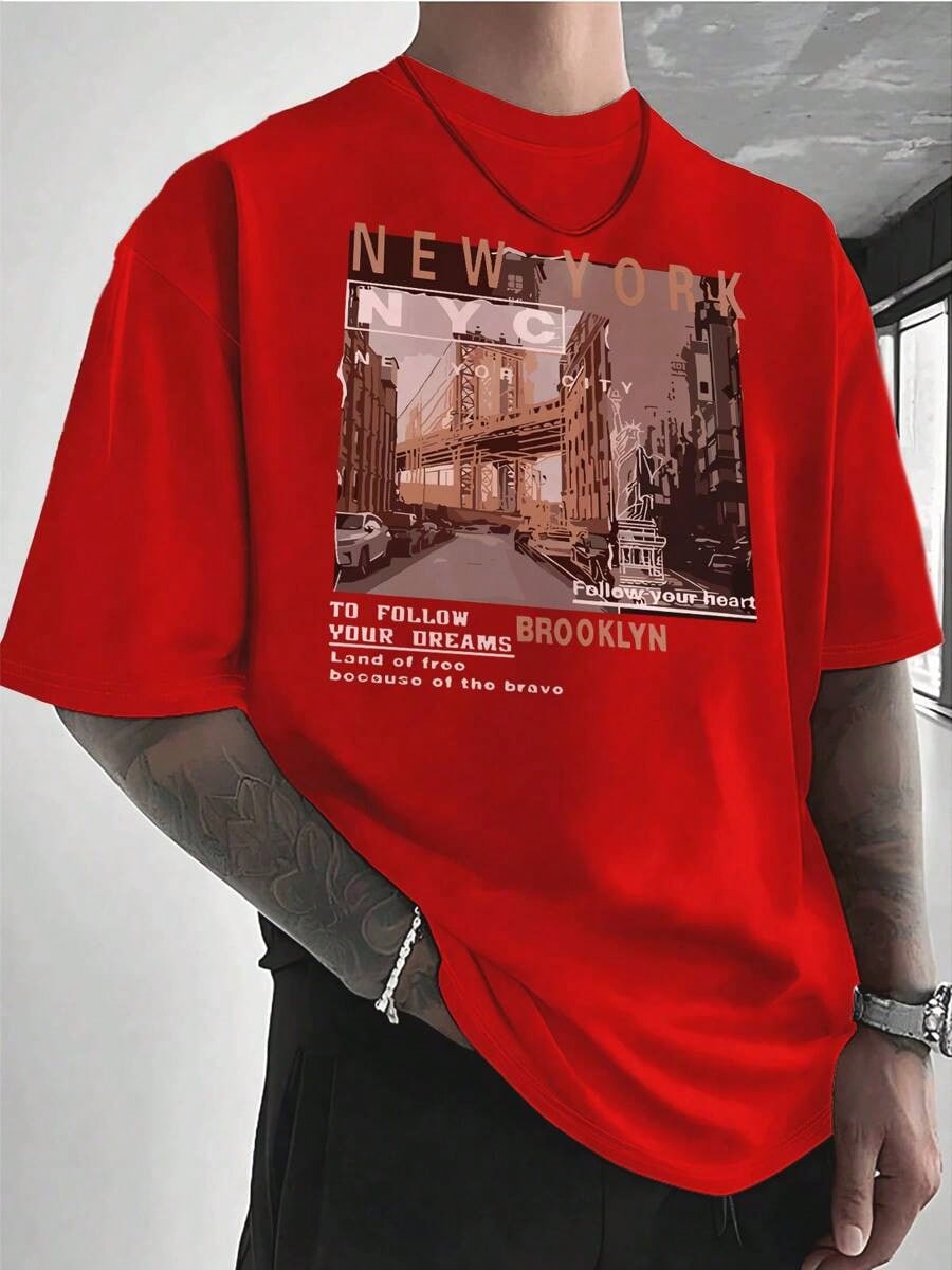 Men's Casual Cotton Streetwear Street View Of Brooklyn New York T-Shirt