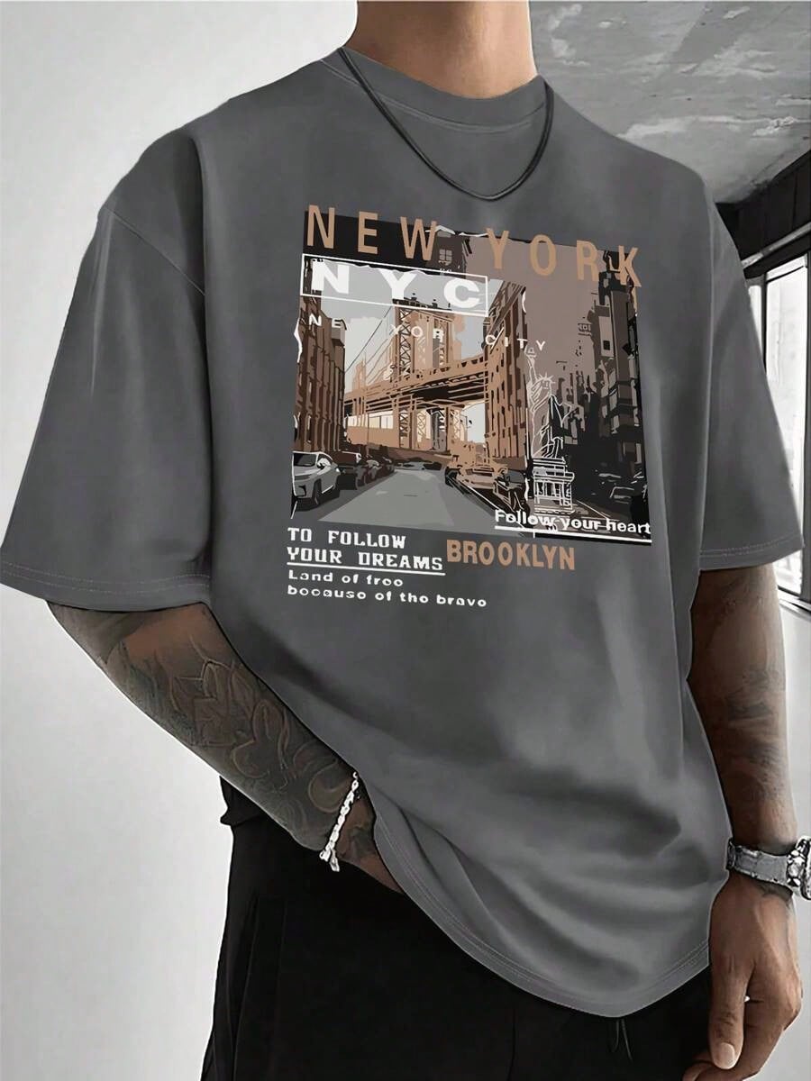 Men's Casual Cotton Streetwear Street View Of Brooklyn New York T-Shirt