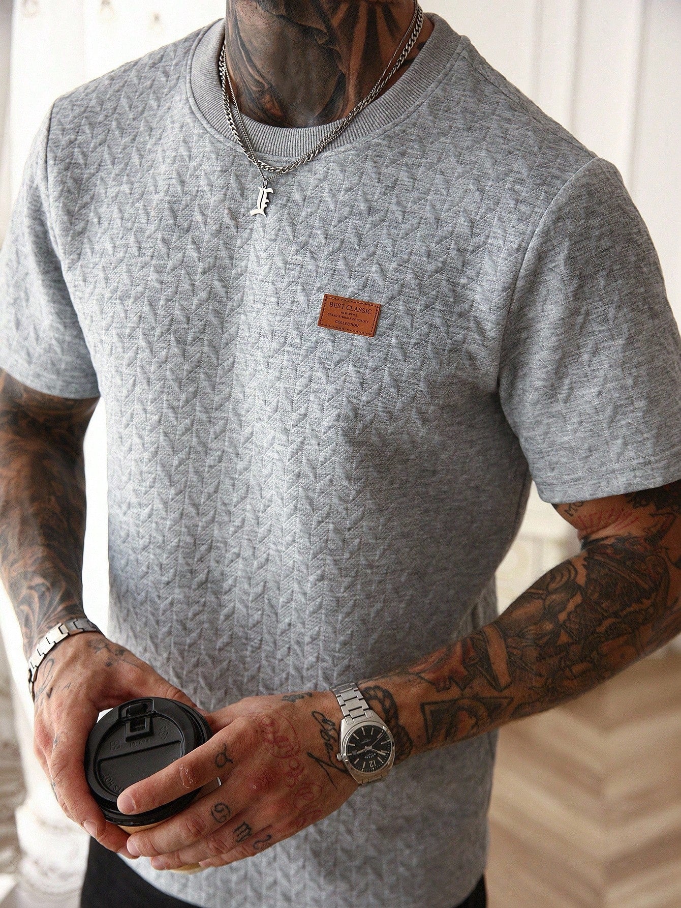 Men's Summer Jacquard Ribbed Collar Short Sleeve T-Shirt