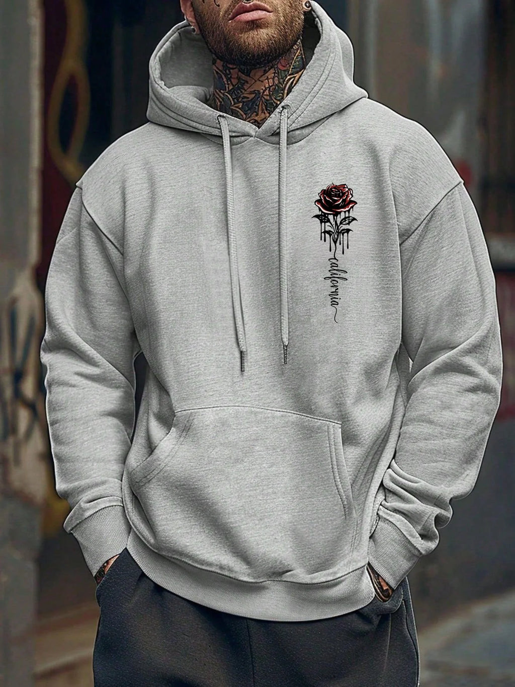 Men's Essential New Street Style Rose Print Simple Hoodie