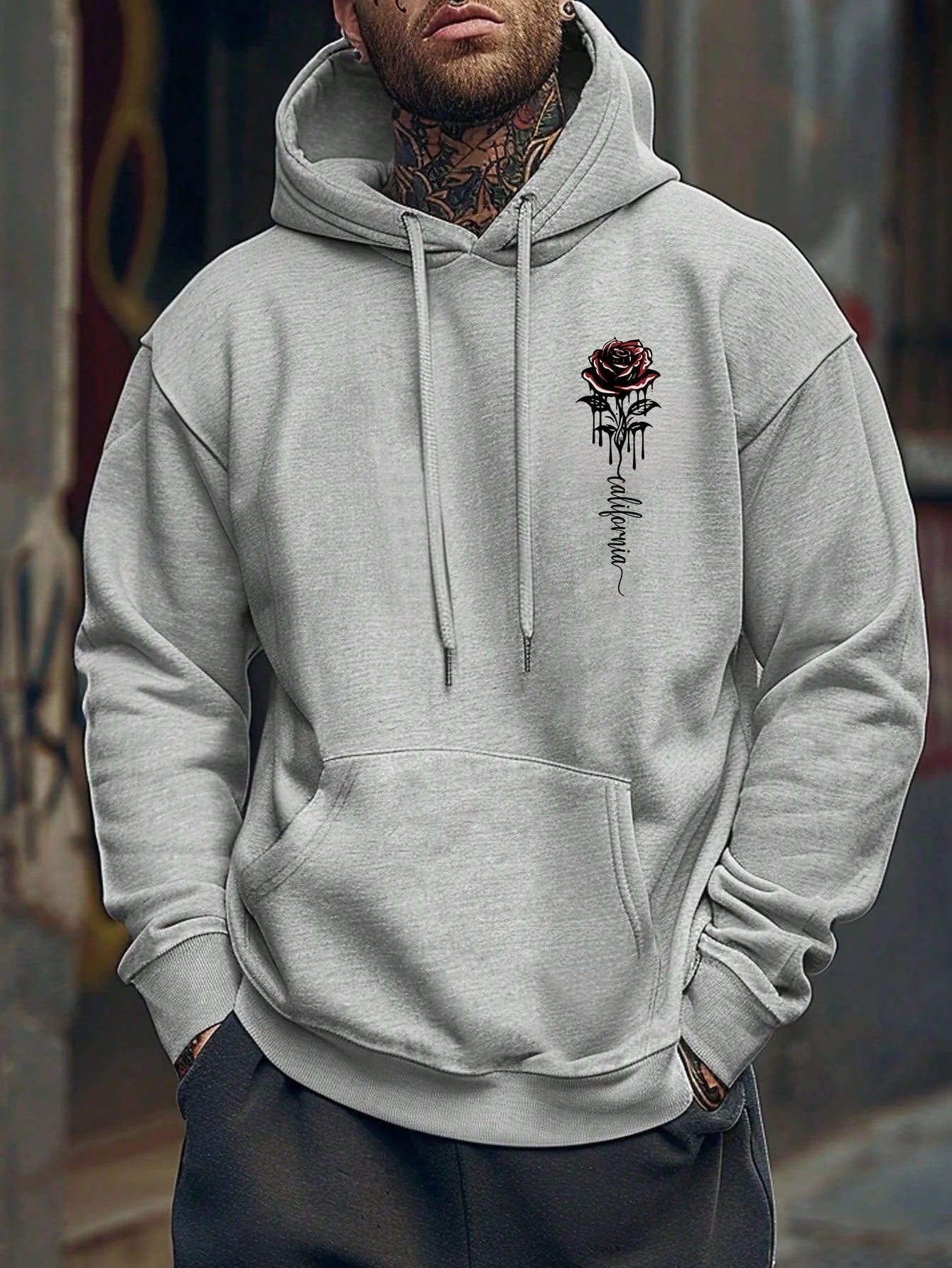 Men's Essential New Street Style Rose Print Simple Hoodie