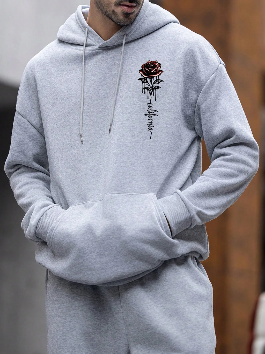 Men's Essential New Street Style Rose Print Simple Hoodie