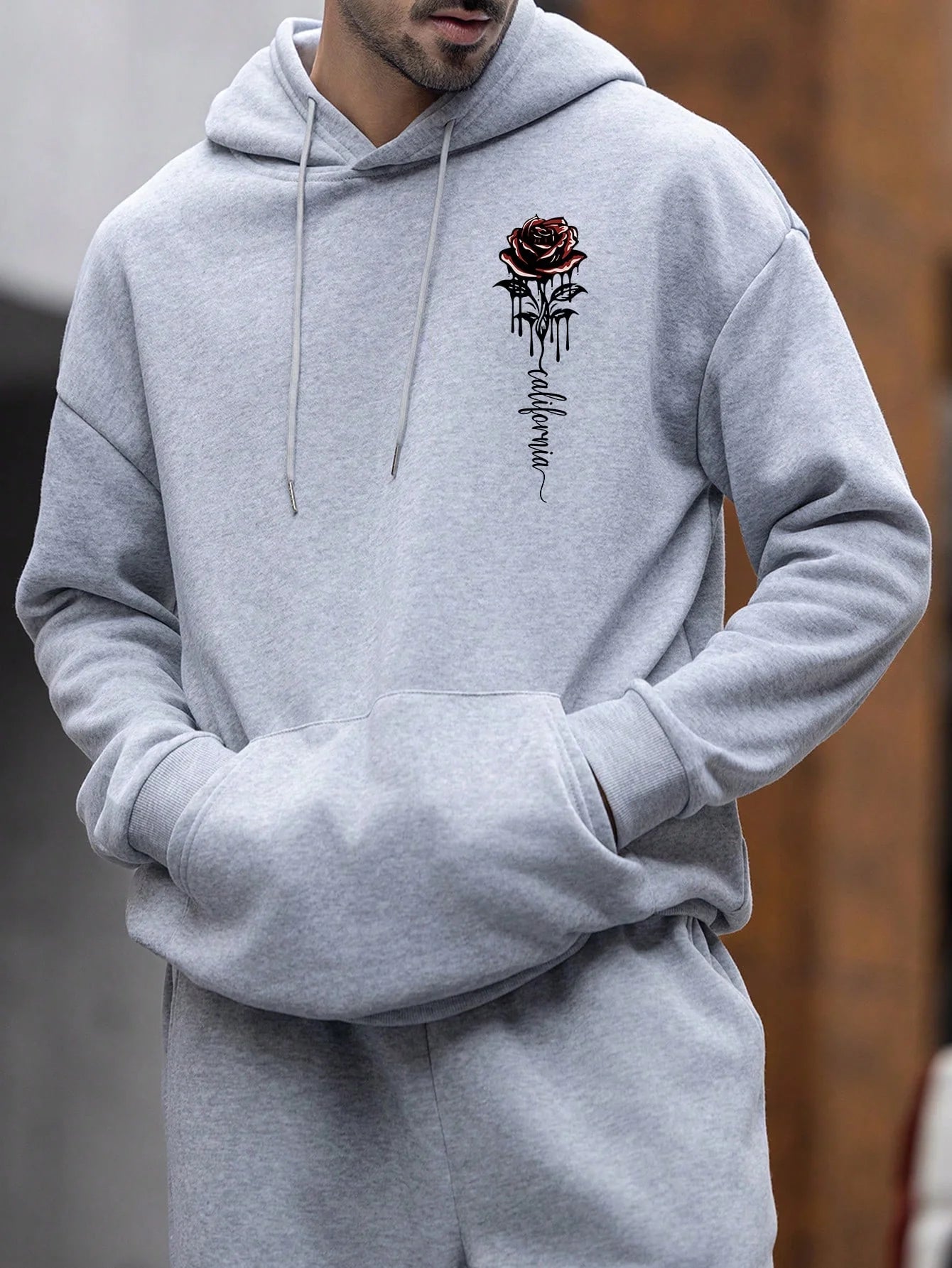 Men's Essential New Street Style Rose Print Simple Hoodie
