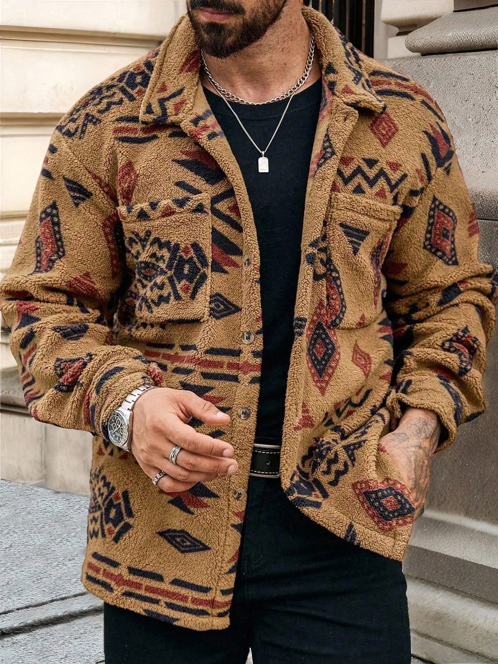 Men's Geometric Pattern Button-Up Pocket Jacket