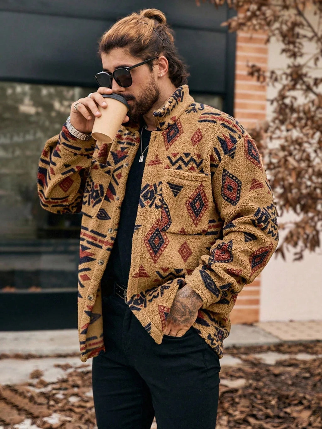 Men's Geometric Pattern Button-Up Pocket Jacket