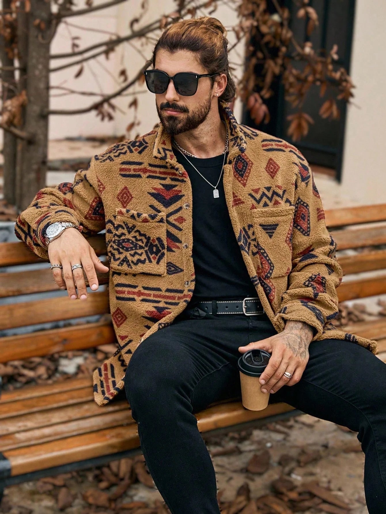 Men's Geometric Pattern Button-Up Pocket Jacket