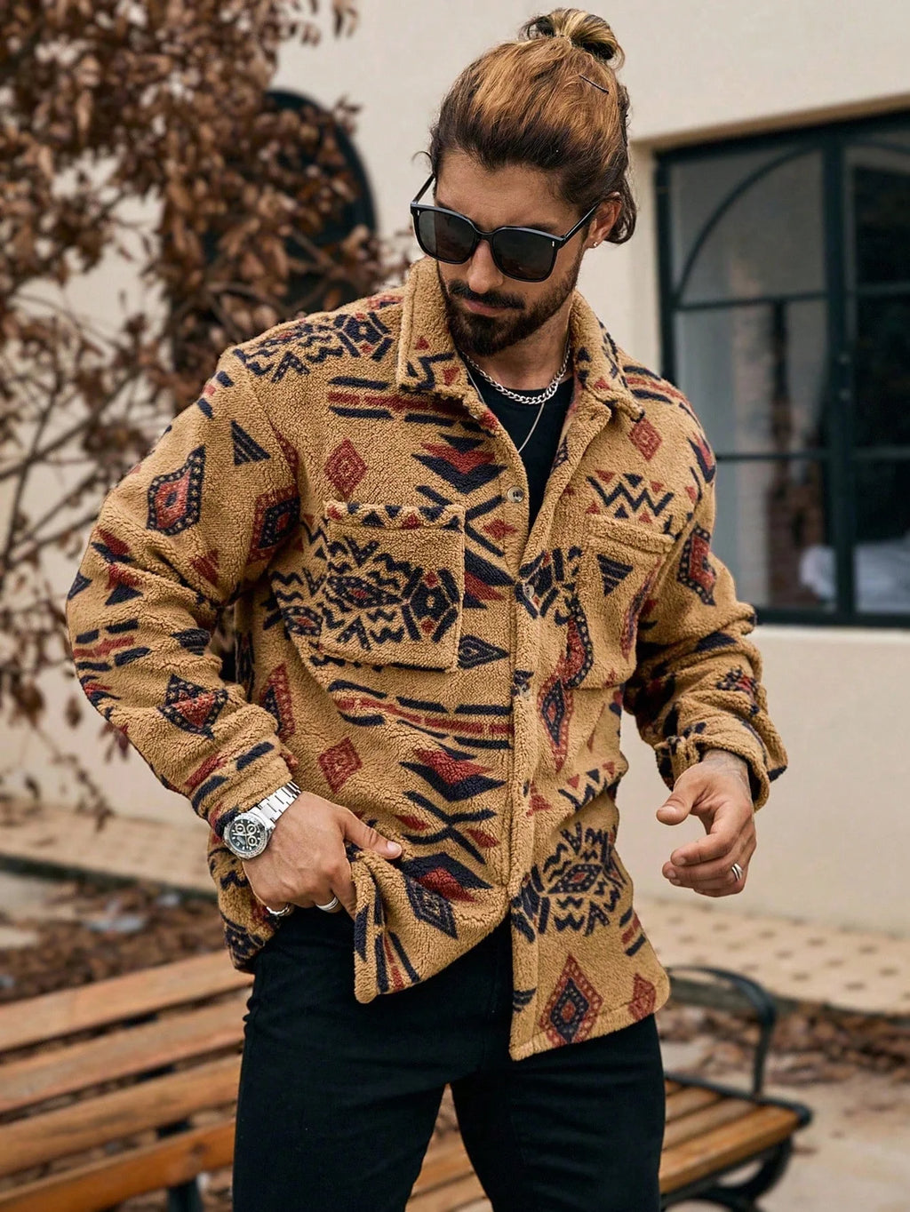 Men's Geometric Pattern Button-Up Pocket Jacket