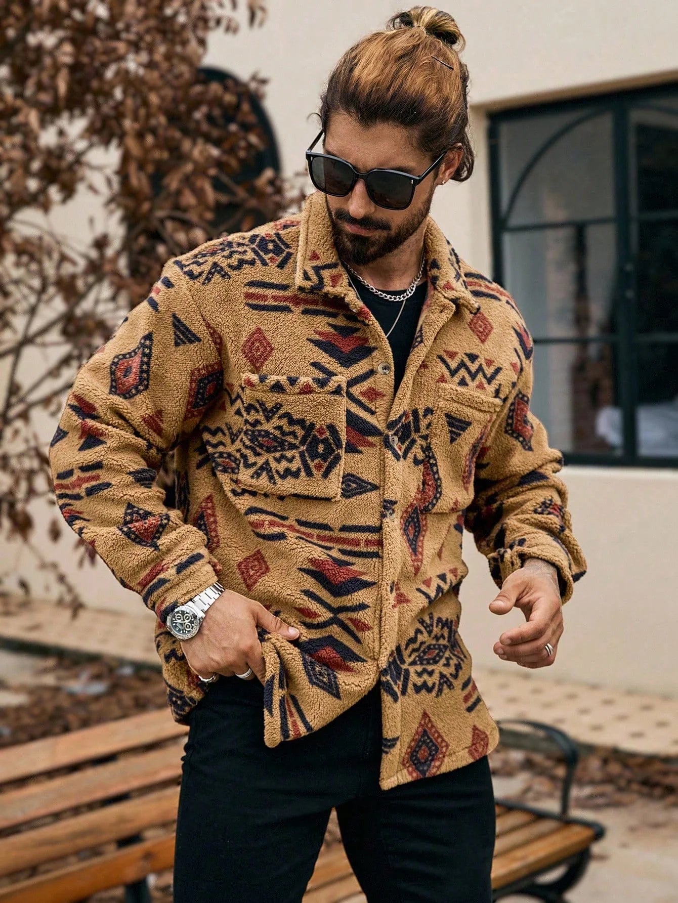 Men's Geometric Pattern Button-Up Pocket Jacket