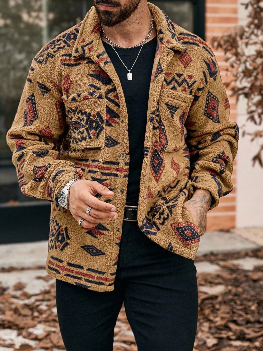 Men's Geometric Pattern Button-Up Pocket Jacket