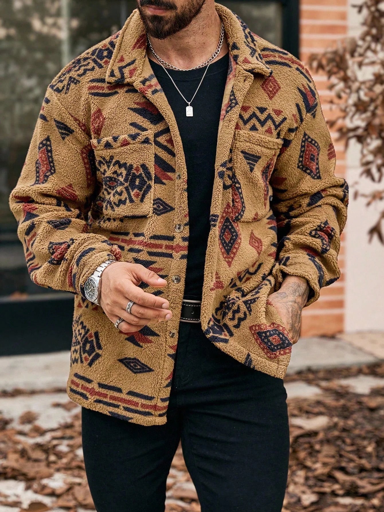 Men's Geometric Pattern Button-Up Pocket Jacket