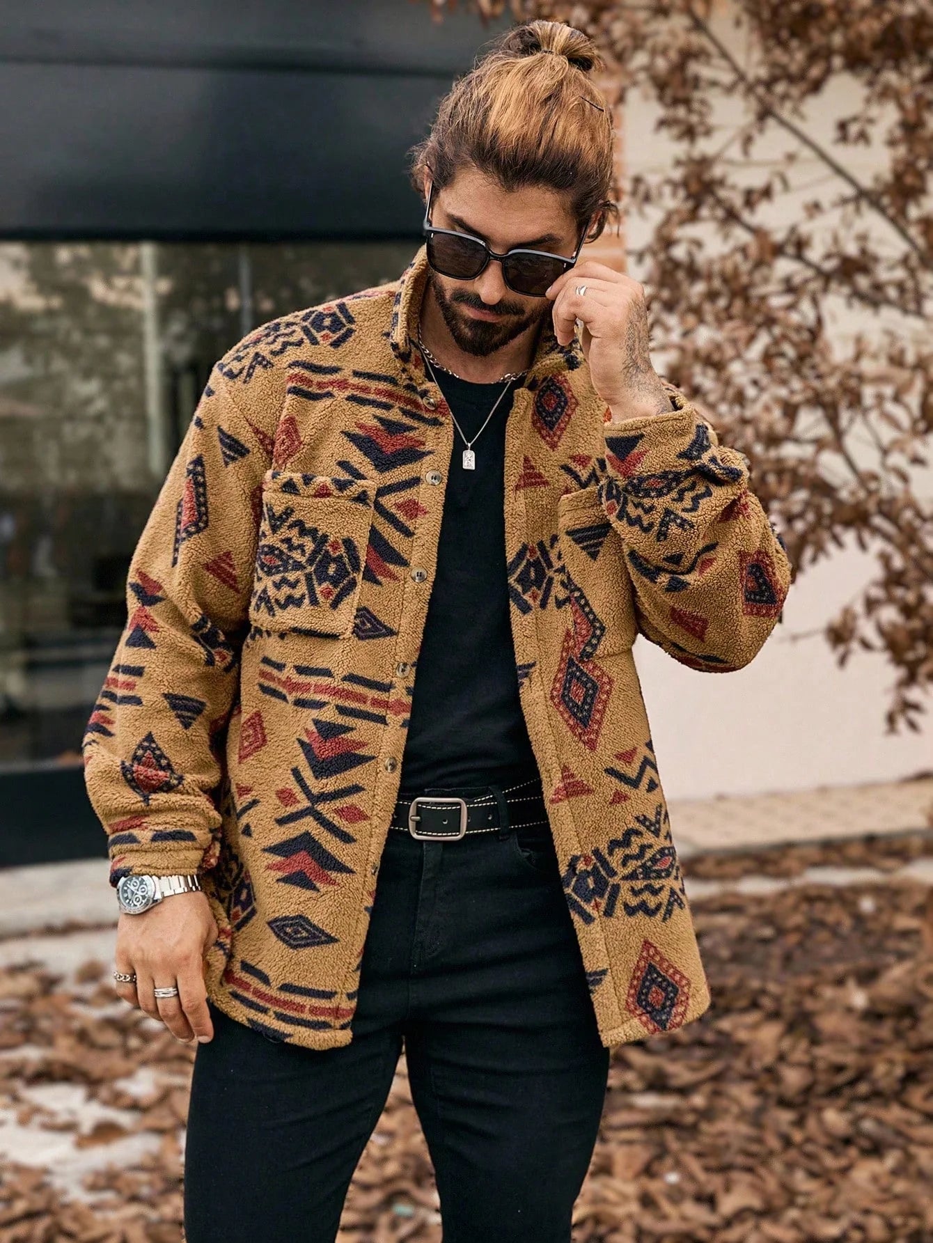 Men's Geometric Pattern Button-Up Pocket Jacket