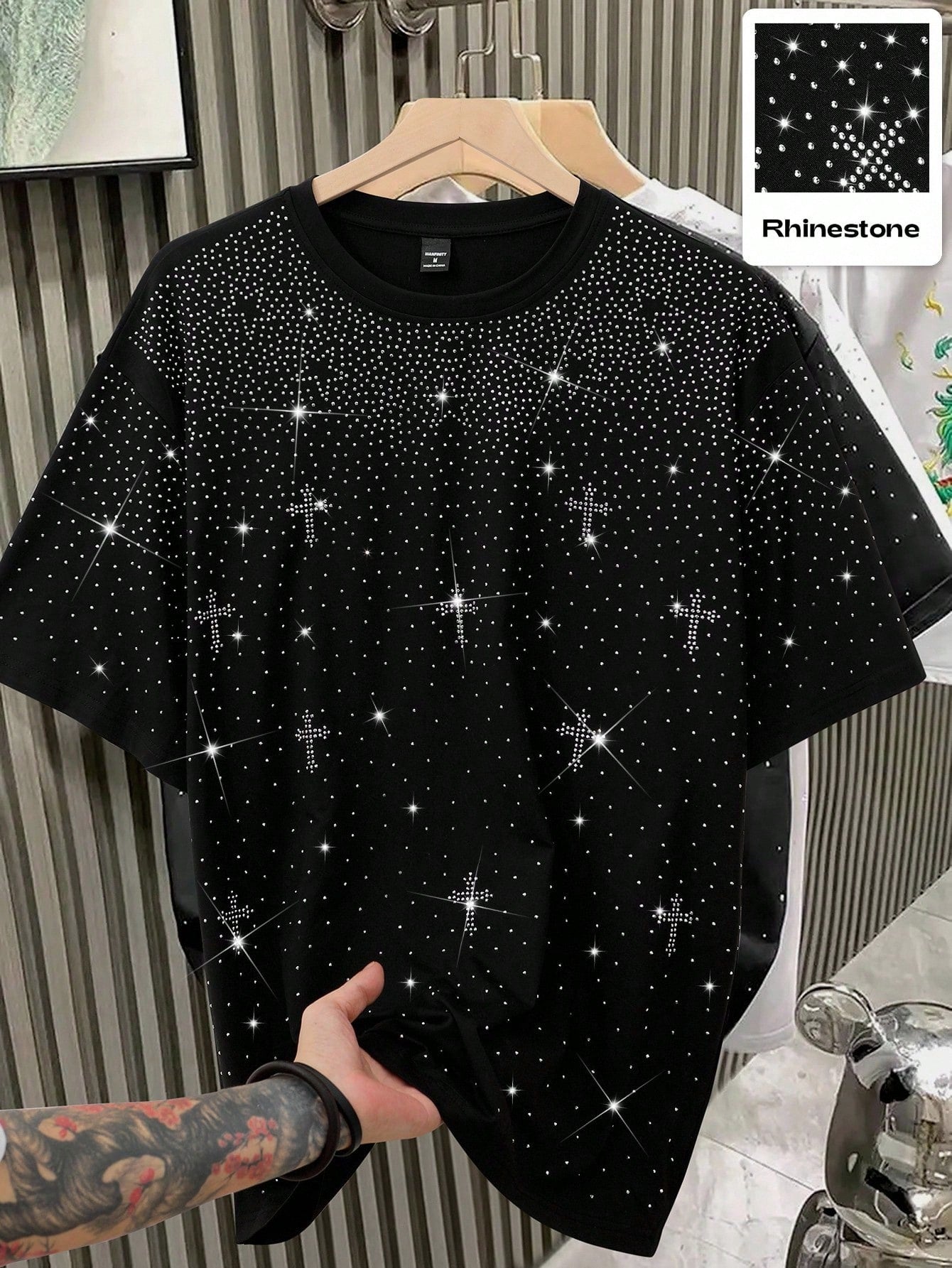 1pc Men's Casual Loose Fit Short Sleeve T-Shirt, Rhinestone Decor
