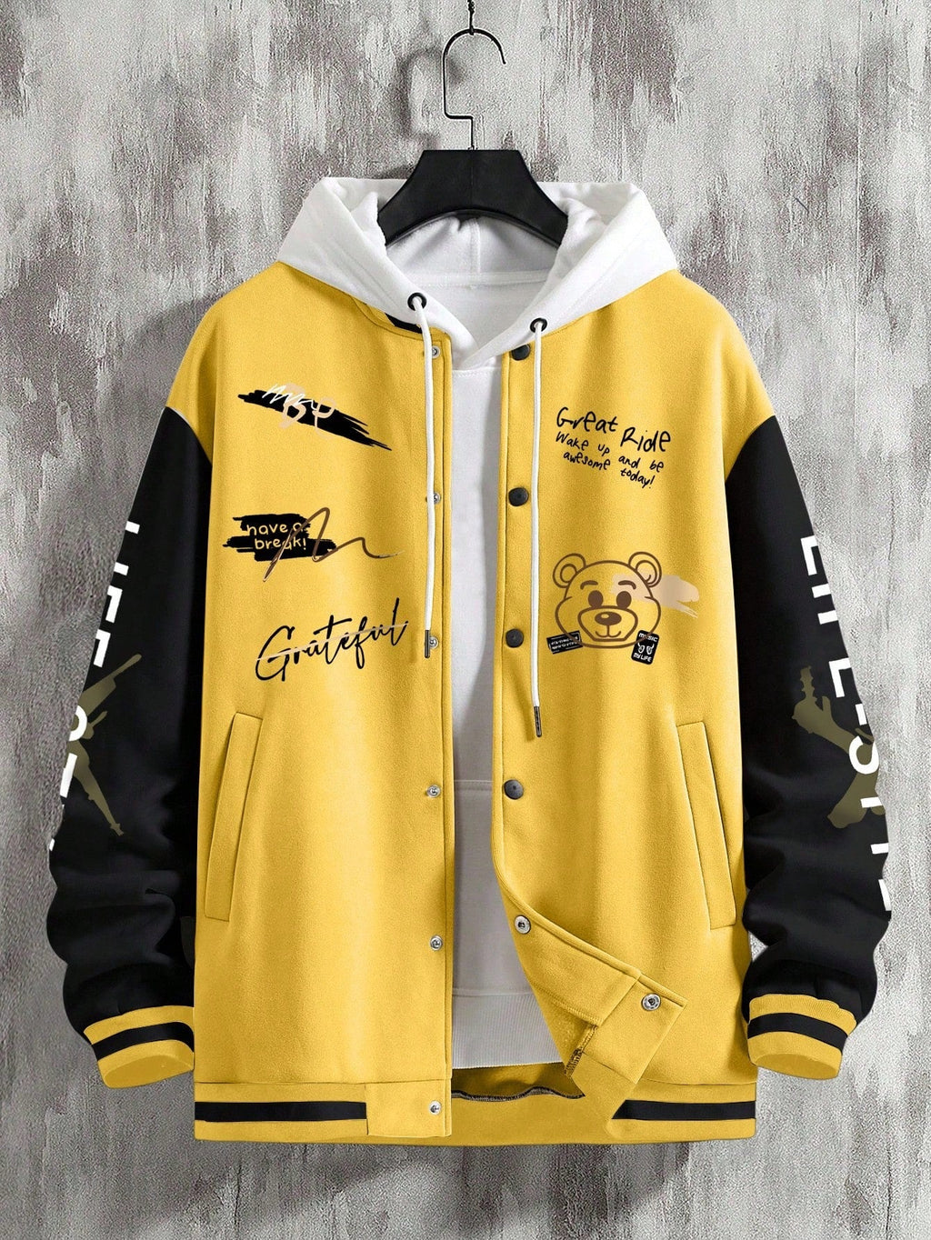 Men's Graffiti Printed Baseball Jacket, For Fall Winter