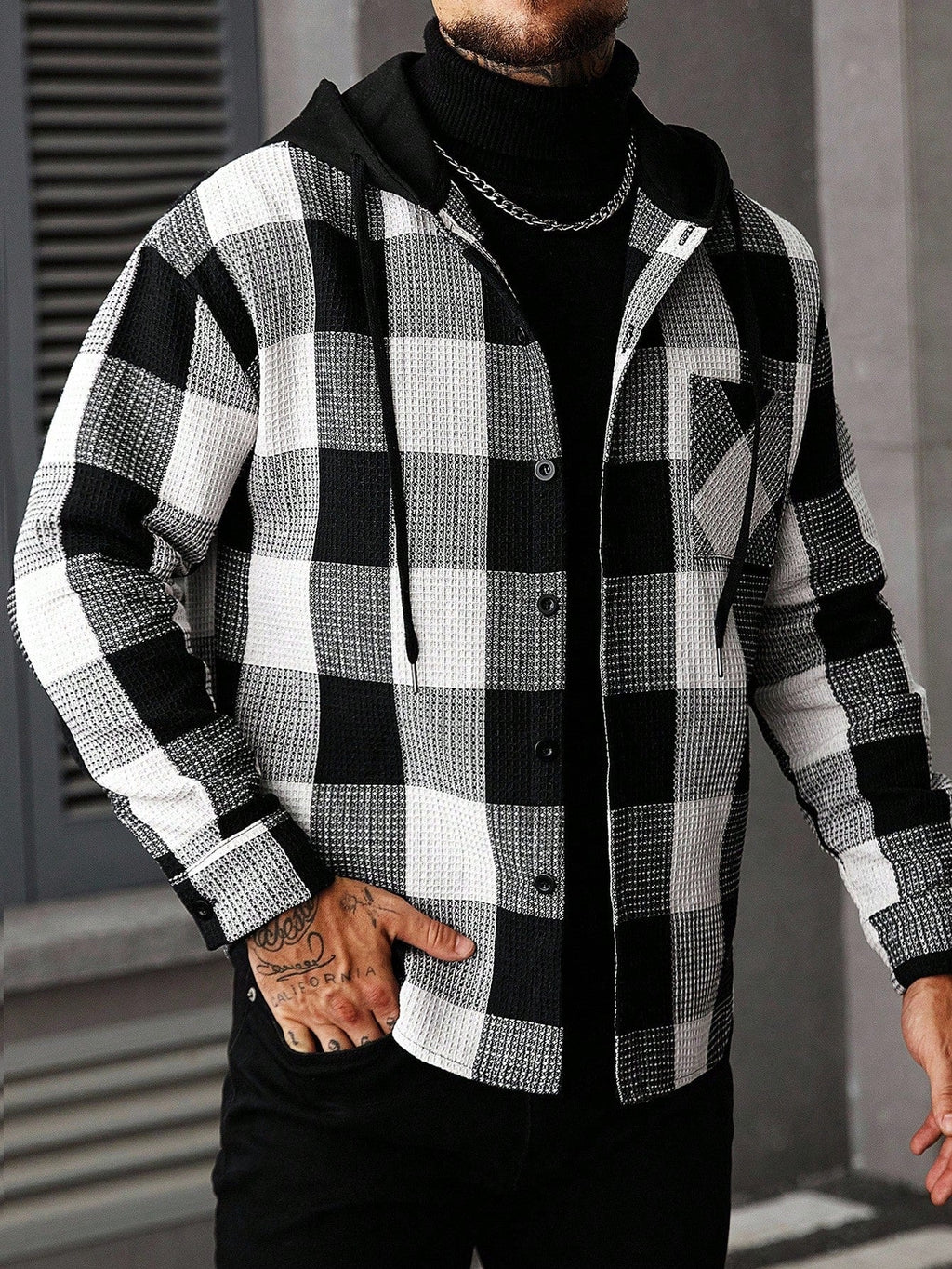 Men's Casual Collegiate Style Floral Print Patchwork Drawstring Hooded Shirt
