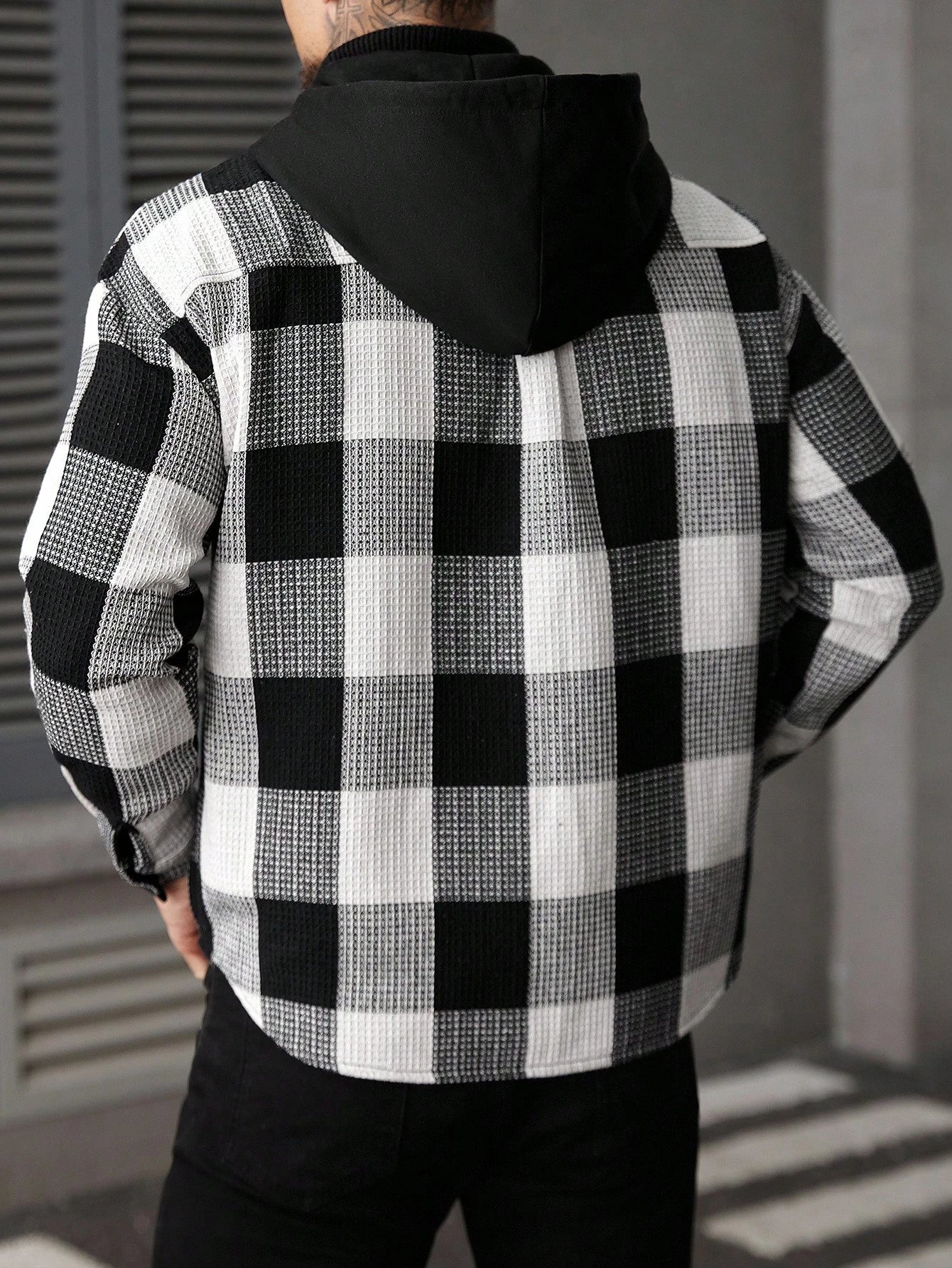 Men's Casual Collegiate Style Floral Print Patchwork Drawstring Hooded Shirt