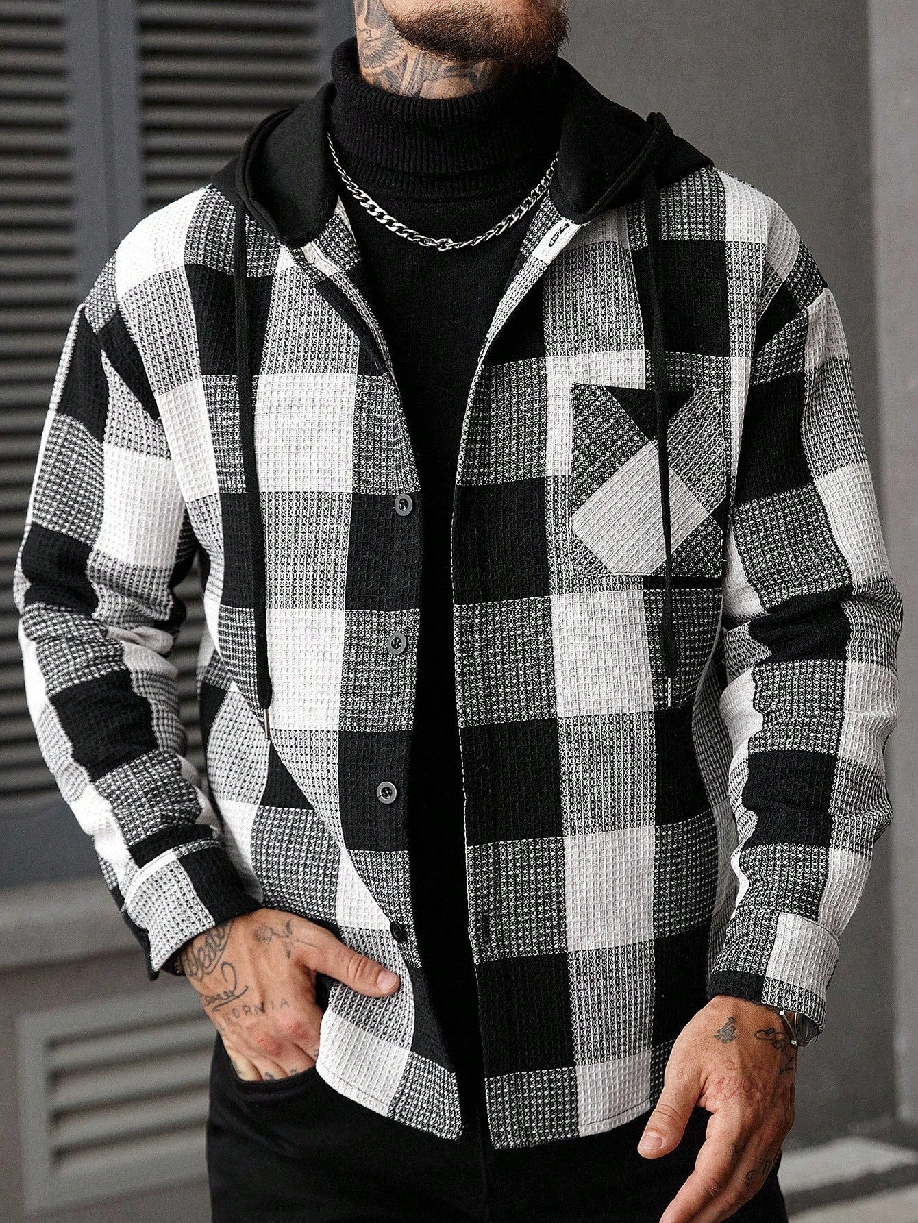 Men's Casual Collegiate Style Floral Print Patchwork Drawstring Hooded Shirt