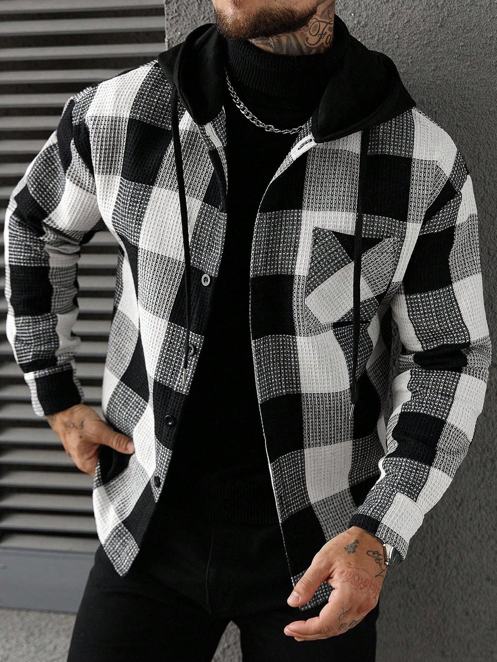 Men's Casual Collegiate Style Floral Print Patchwork Drawstring Hooded Shirt