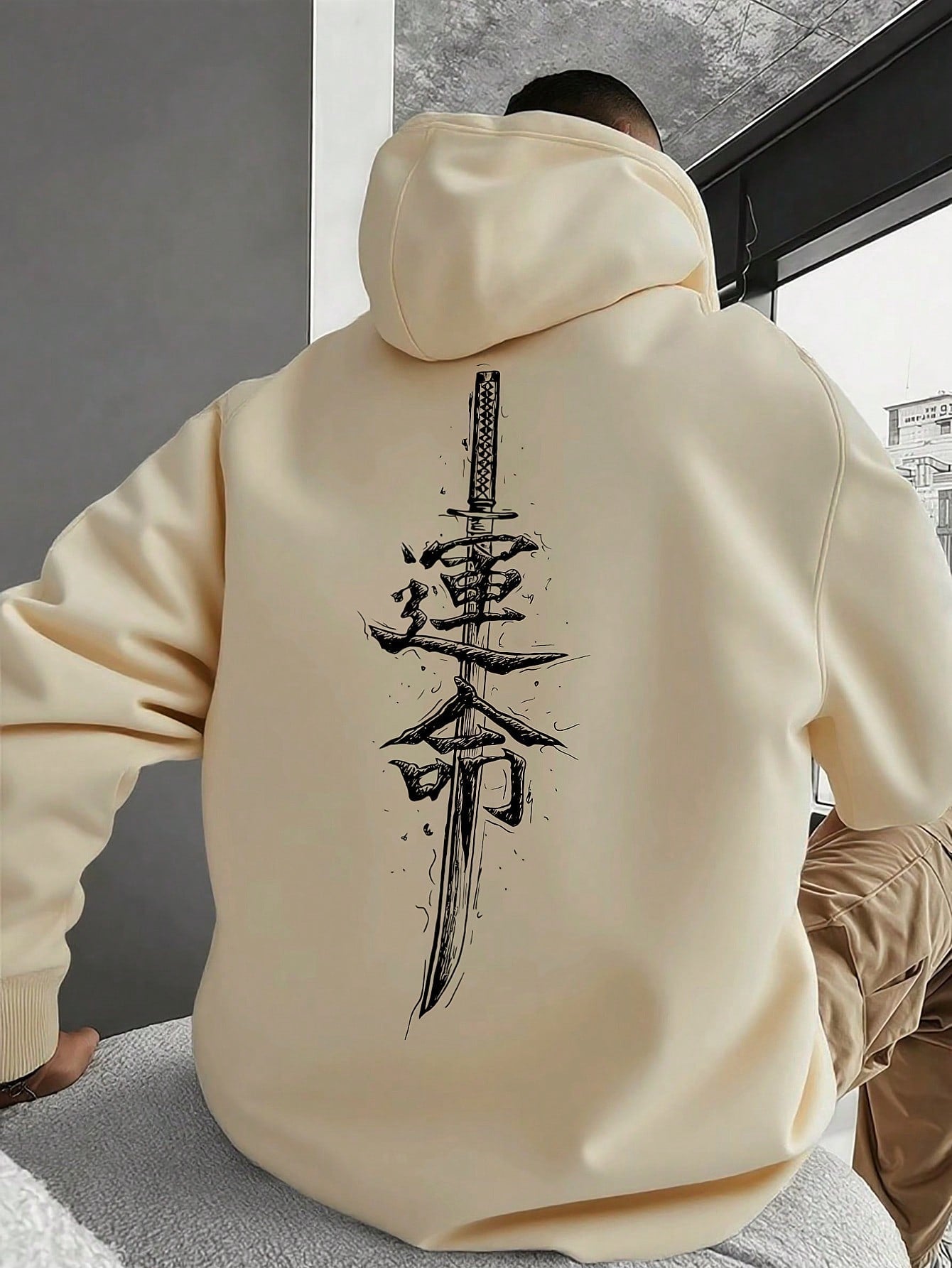 Men's Casual Drop Shoulder Long Sleeve Hoodie With Chinese Character Pattern