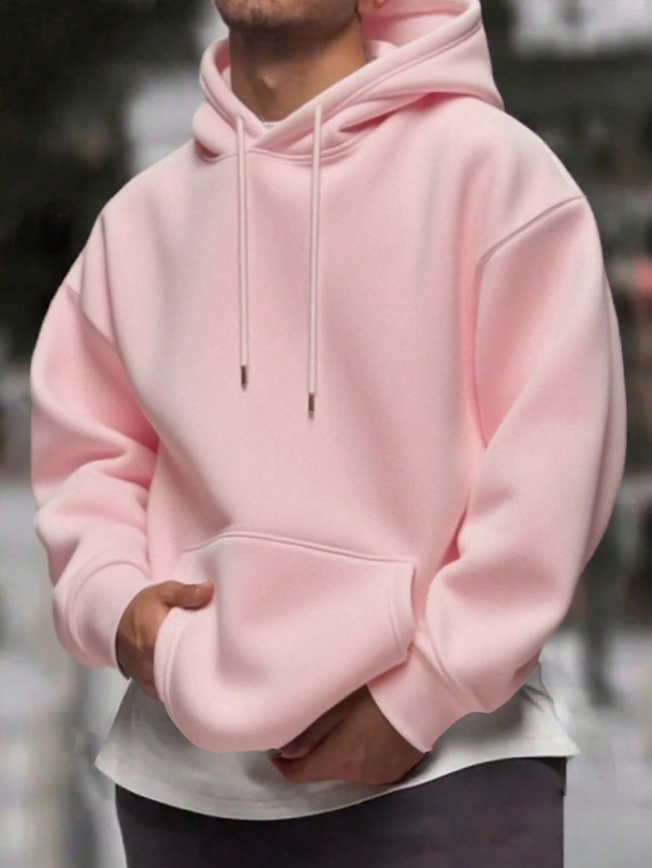 Men's Solid Color Drop Shoulder Long Sleeve Drawstring Pocket Casual Hoodie