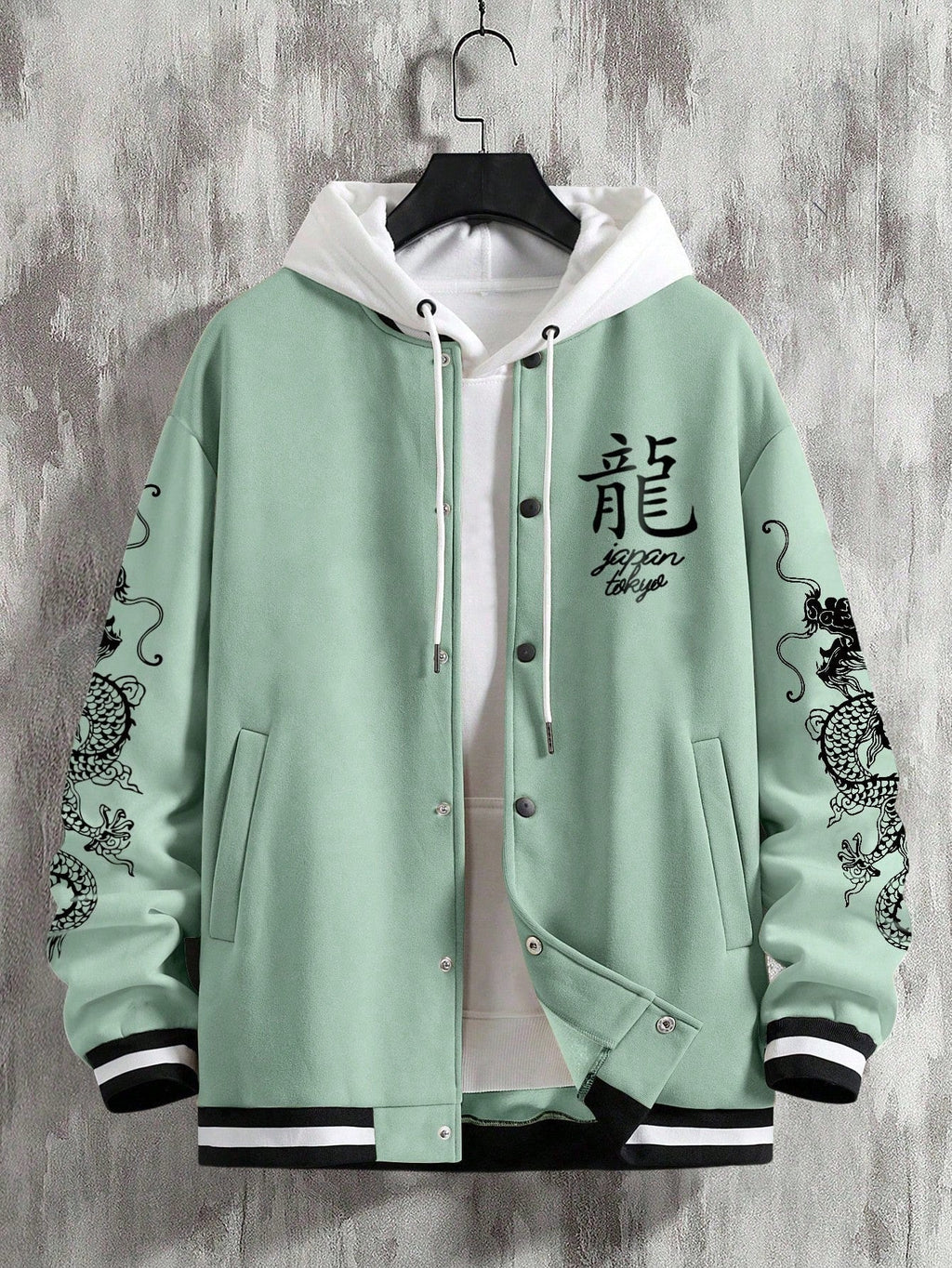 Men Chinese Dragon & Slogan Graphic Striped Trim Drop Shoulder Jacket Without Hoodie