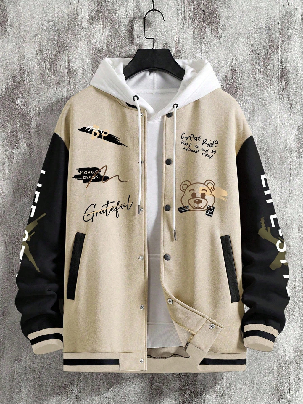 Men's Graffiti Printed Baseball Jacket, For Fall Winter