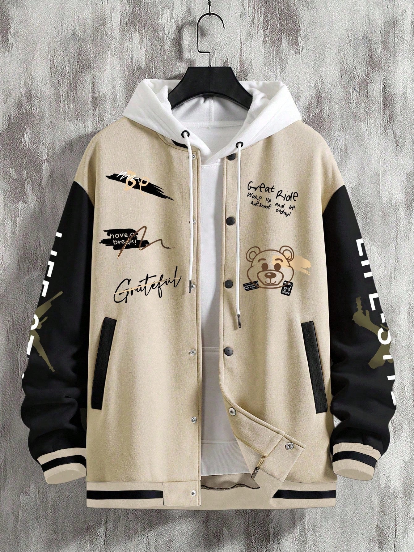 Men's Graffiti Printed Baseball Jacket, For Fall Winter