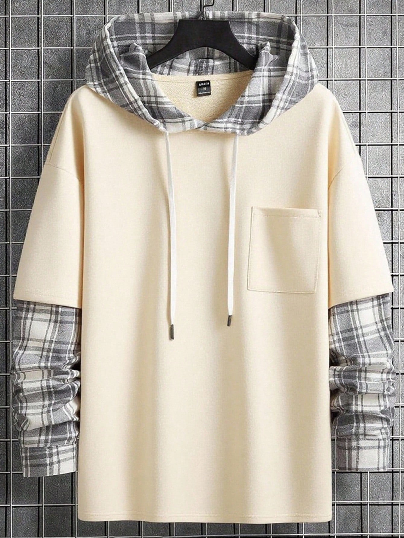 Men's Loose Plaid Patched Pocket Drop Shoulder Drawstring 2 In 1 Hoodie