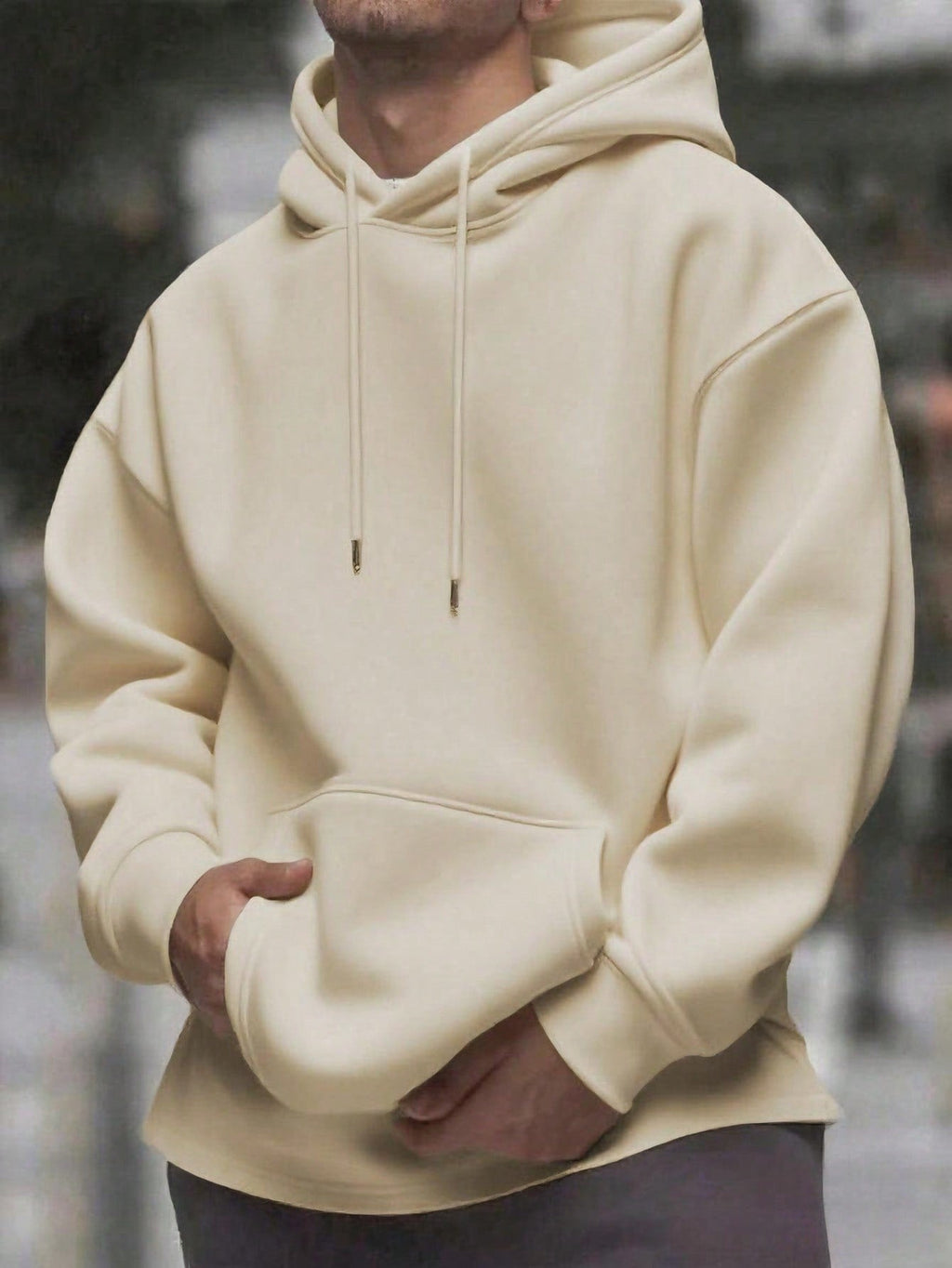 Men's Solid Color Drop Shoulder Long Sleeve Drawstring Pocket Casual Hoodie