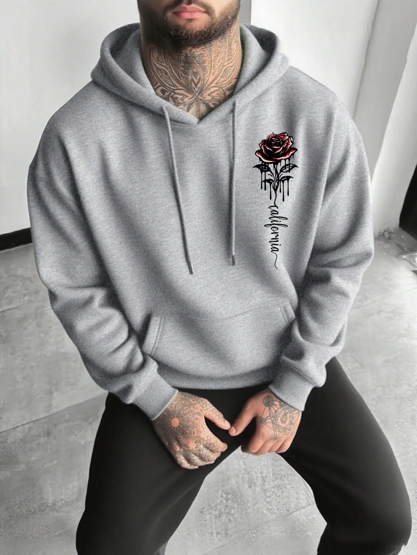 Men's Essential New Street Style Rose Print Simple Hoodie