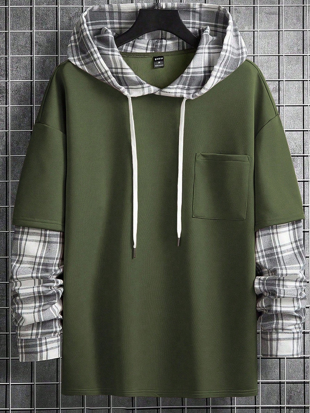 Men's Loose Plaid Patched Pocket Drop Shoulder Drawstring 2 In 1 Hoodie