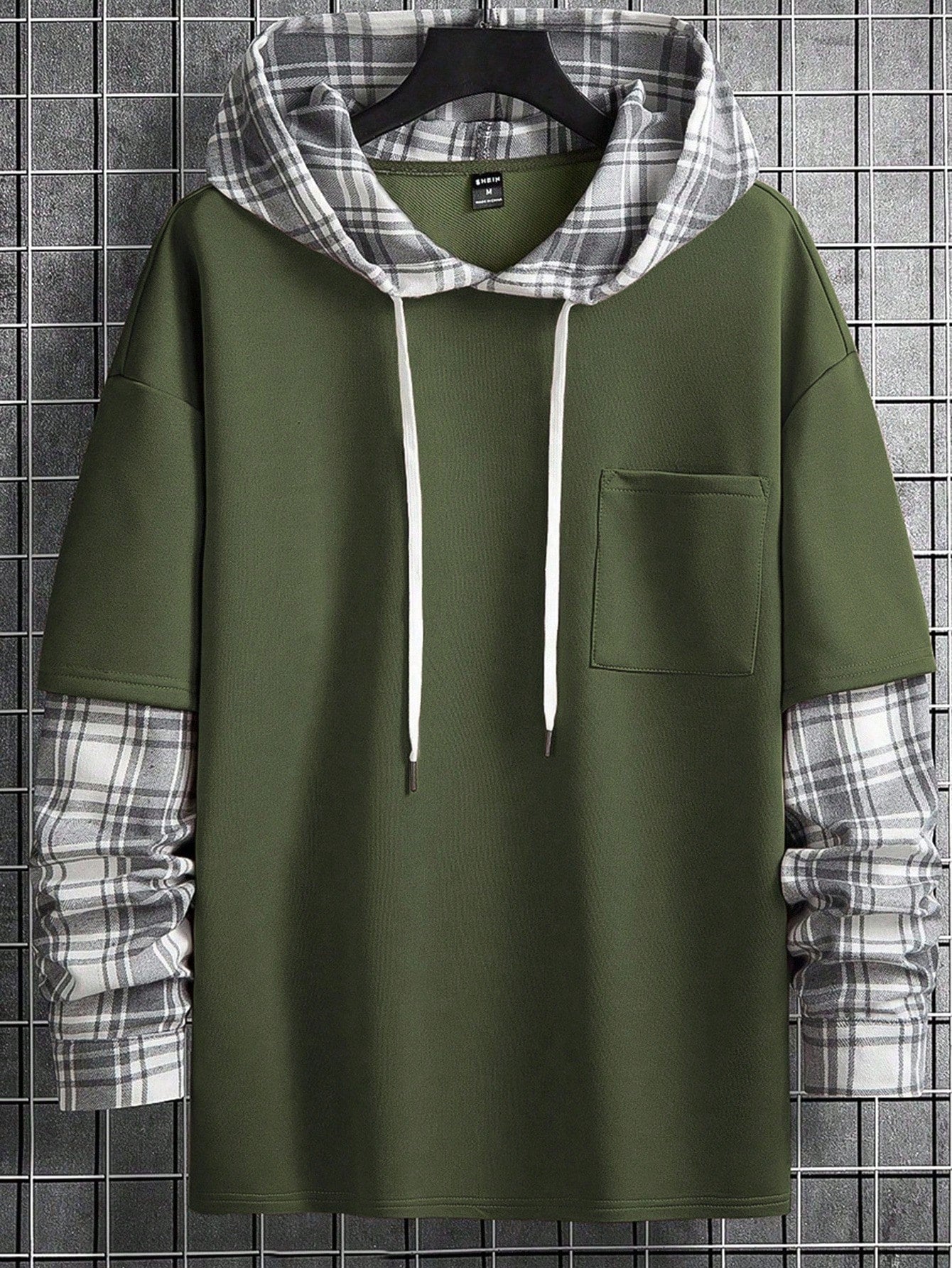 Men's Loose Plaid Patched Pocket Drop Shoulder Drawstring 2 In 1 Hoodie