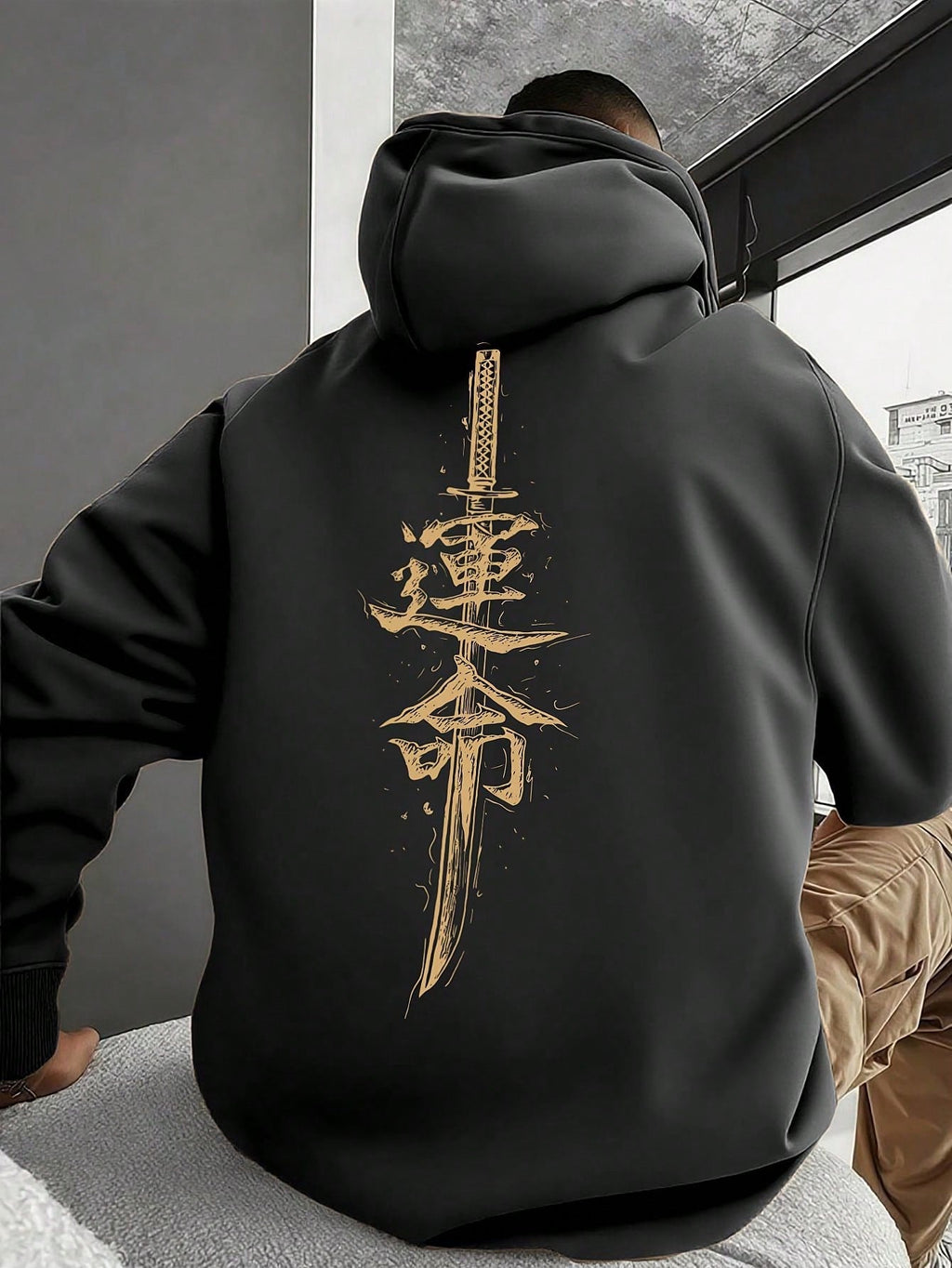 Men's Casual Drop Shoulder Long Sleeve Hoodie With Chinese Character Pattern
