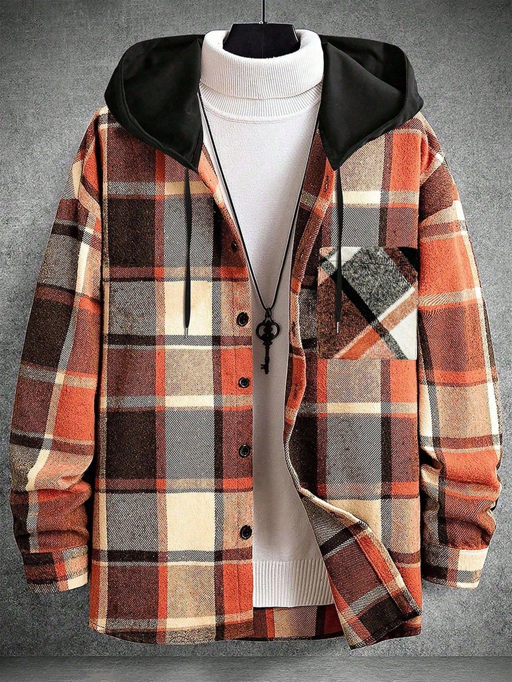 Men's Casual Collegiate Style Floral Print Patchwork Drawstring Hooded Shirt