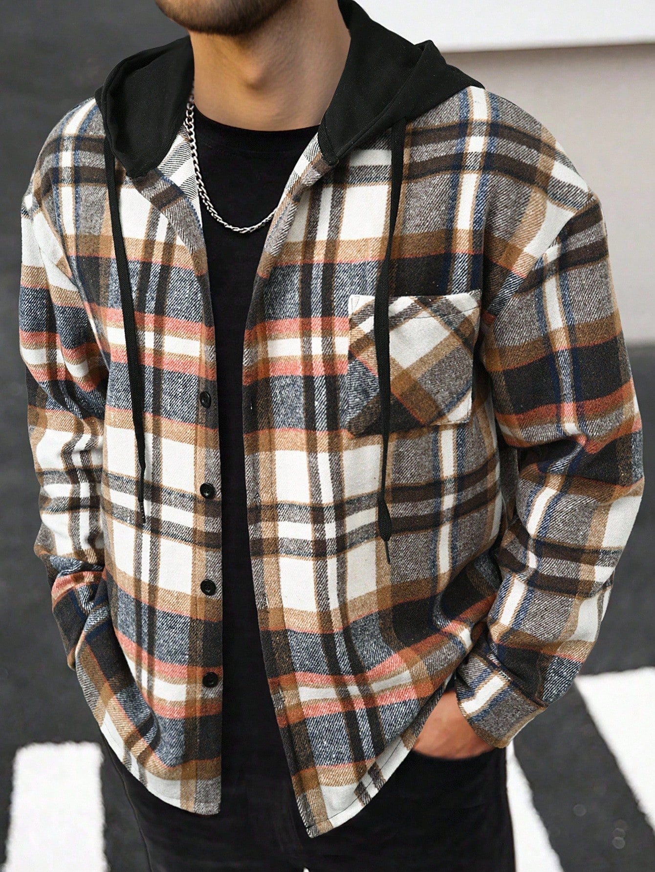Men's Casual Collegiate Style Floral Print Patchwork Drawstring Hooded Shirt