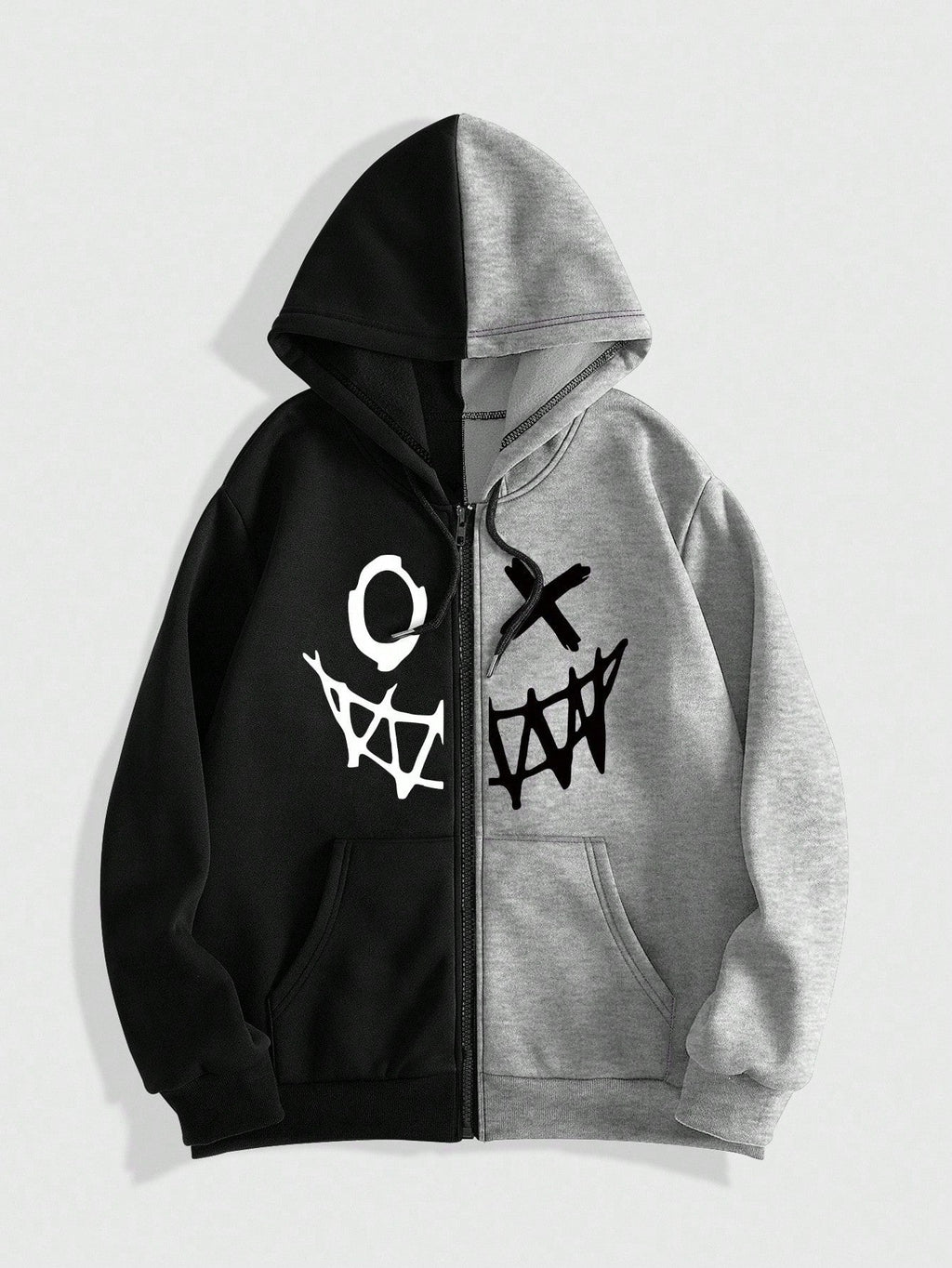 MEN Street Life Men Cartoon Graphic Zip Up Two Tone Drawstring Hoodie