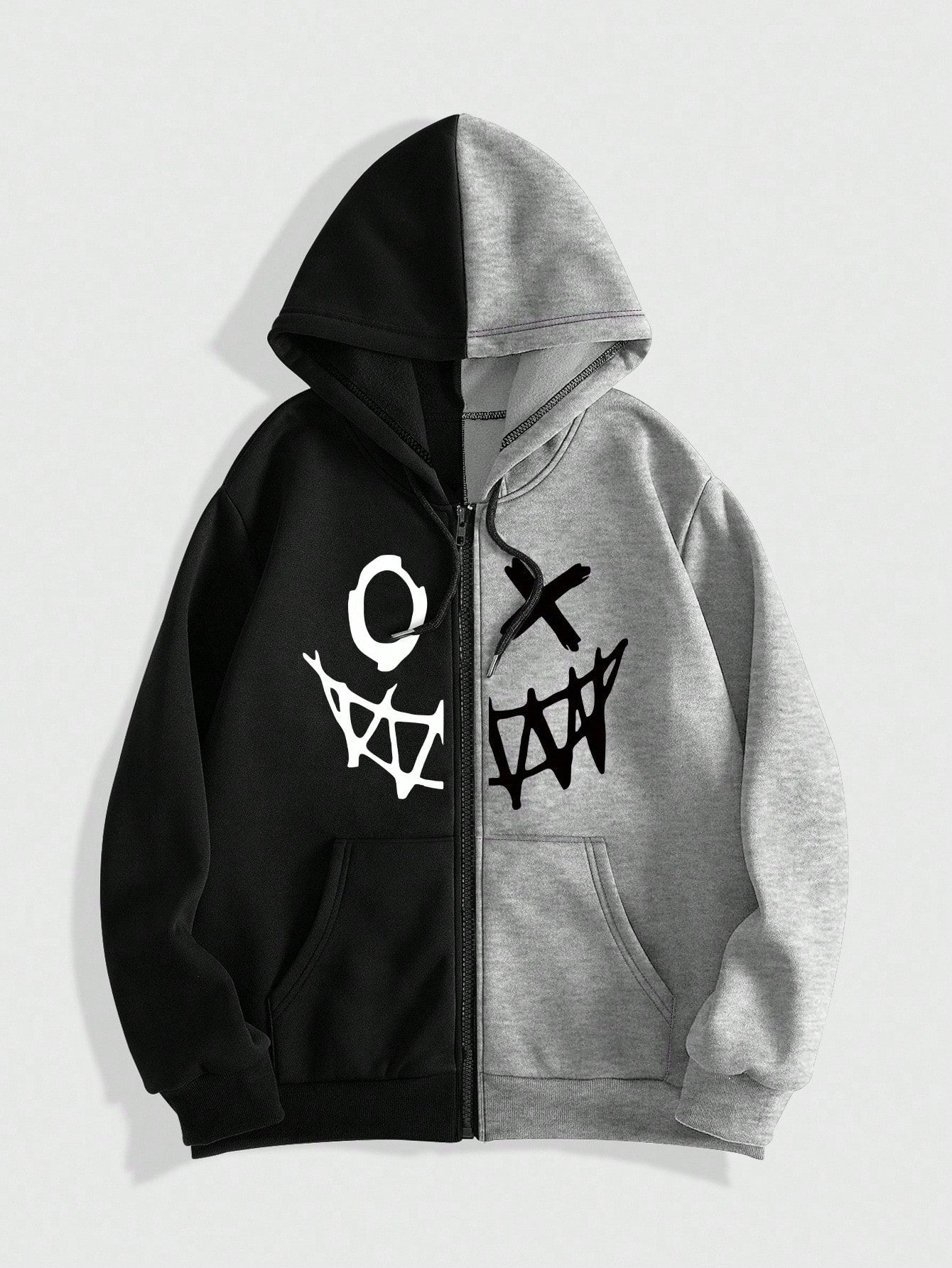 MEN Street Life Men Cartoon Graphic Zip Up Two Tone Drawstring Hoodie