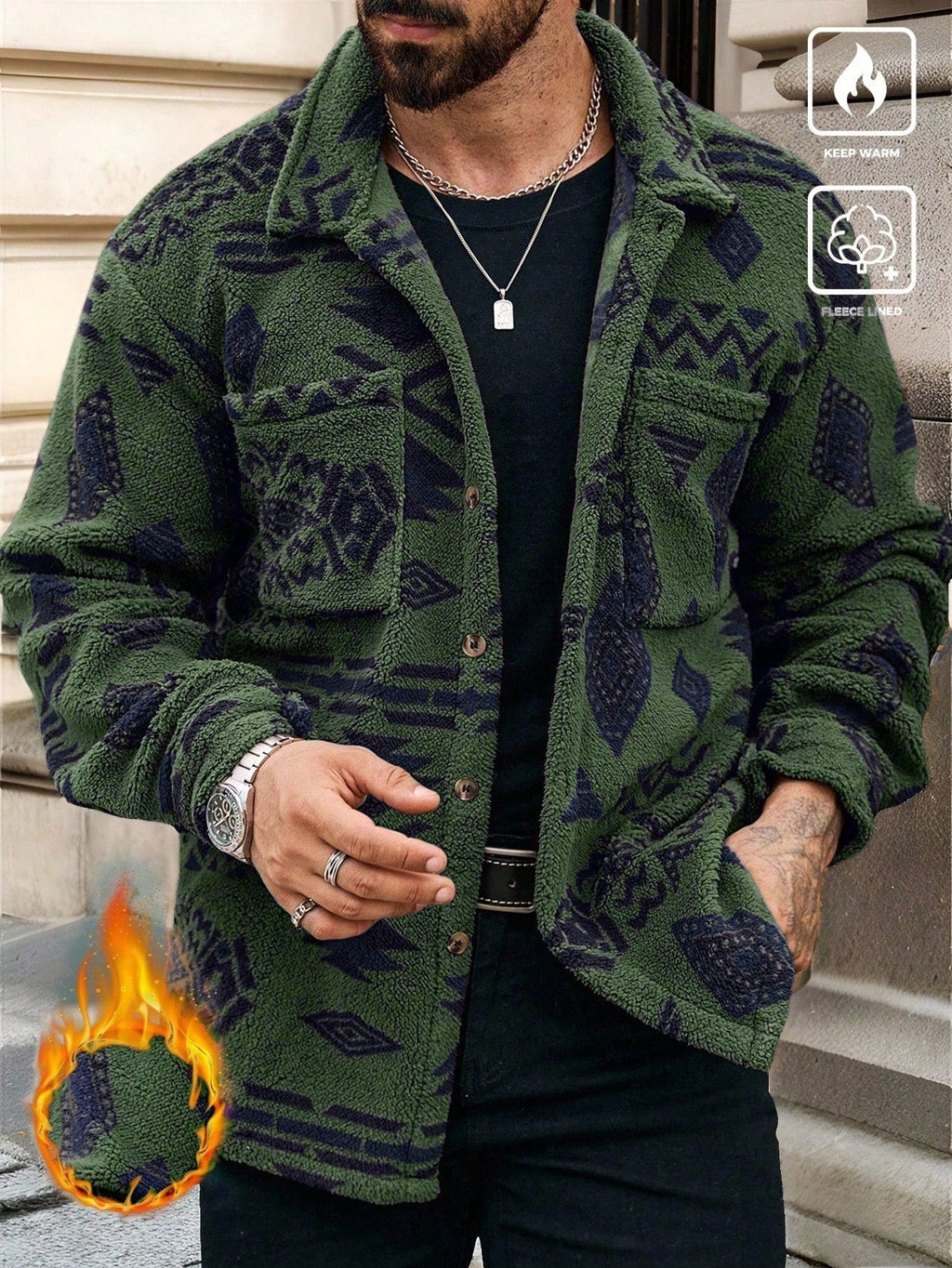 Men's Geometric Pattern Button-Up Pocket Jacket