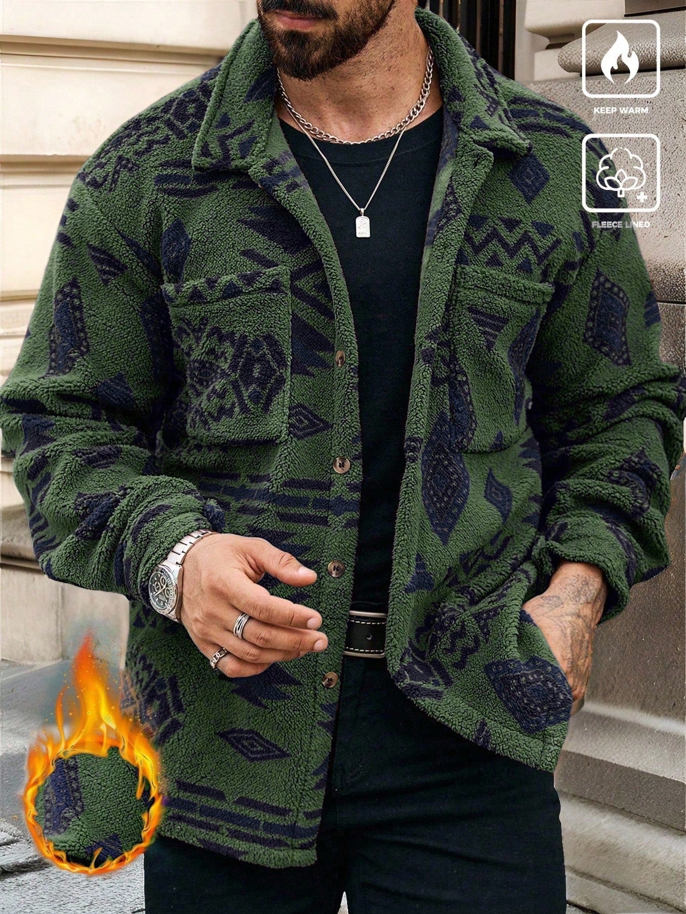 Men's Geometric Pattern Button-Up Pocket Jacket