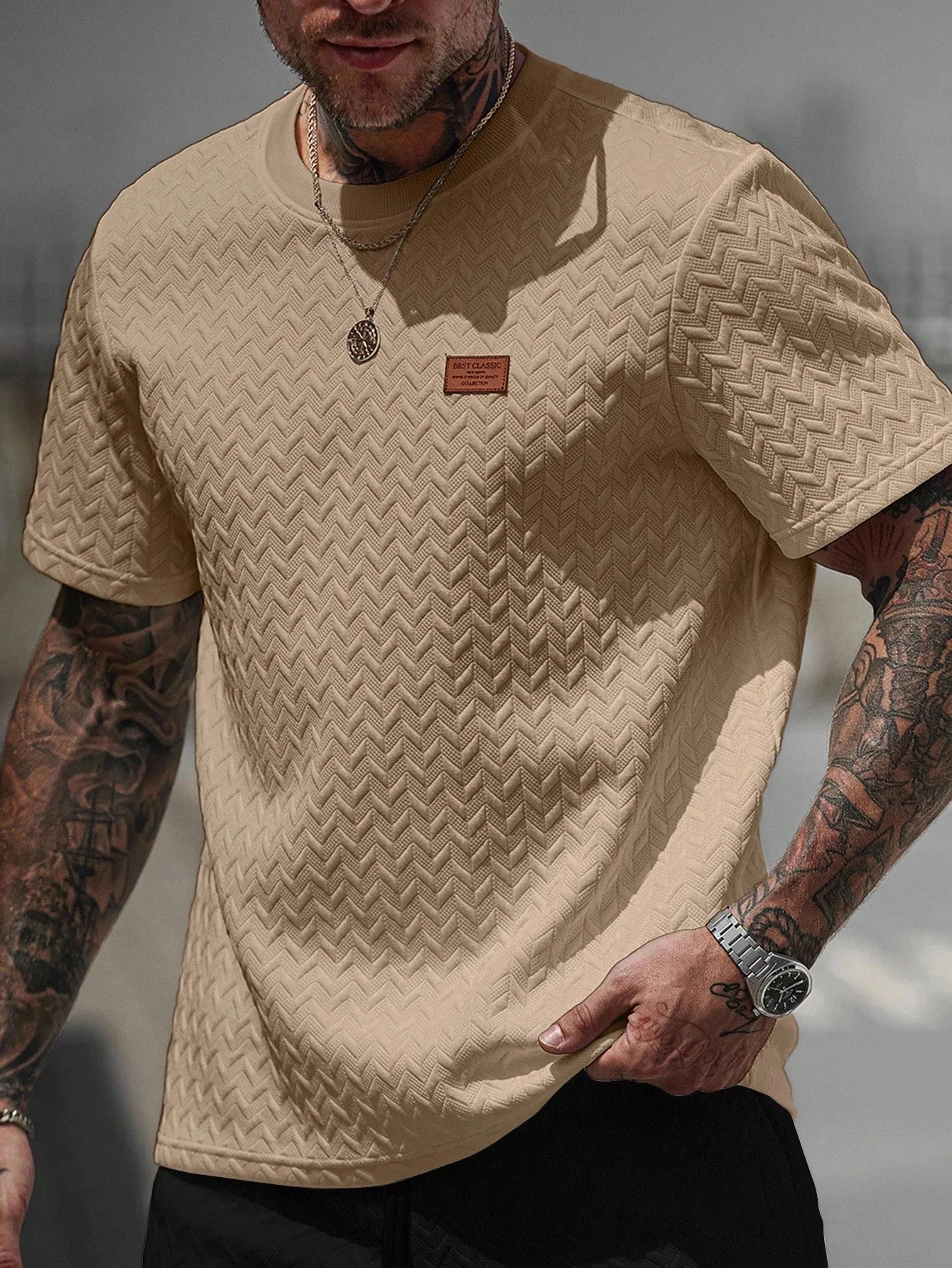 Men's Summer Jacquard Ribbed Collar Short Sleeve T-Shirt