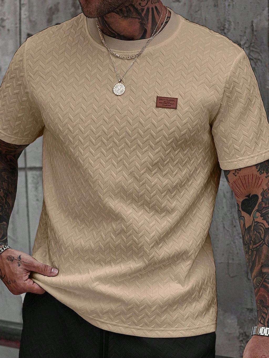 Men's Summer Jacquard Ribbed Collar Short Sleeve T-Shirt