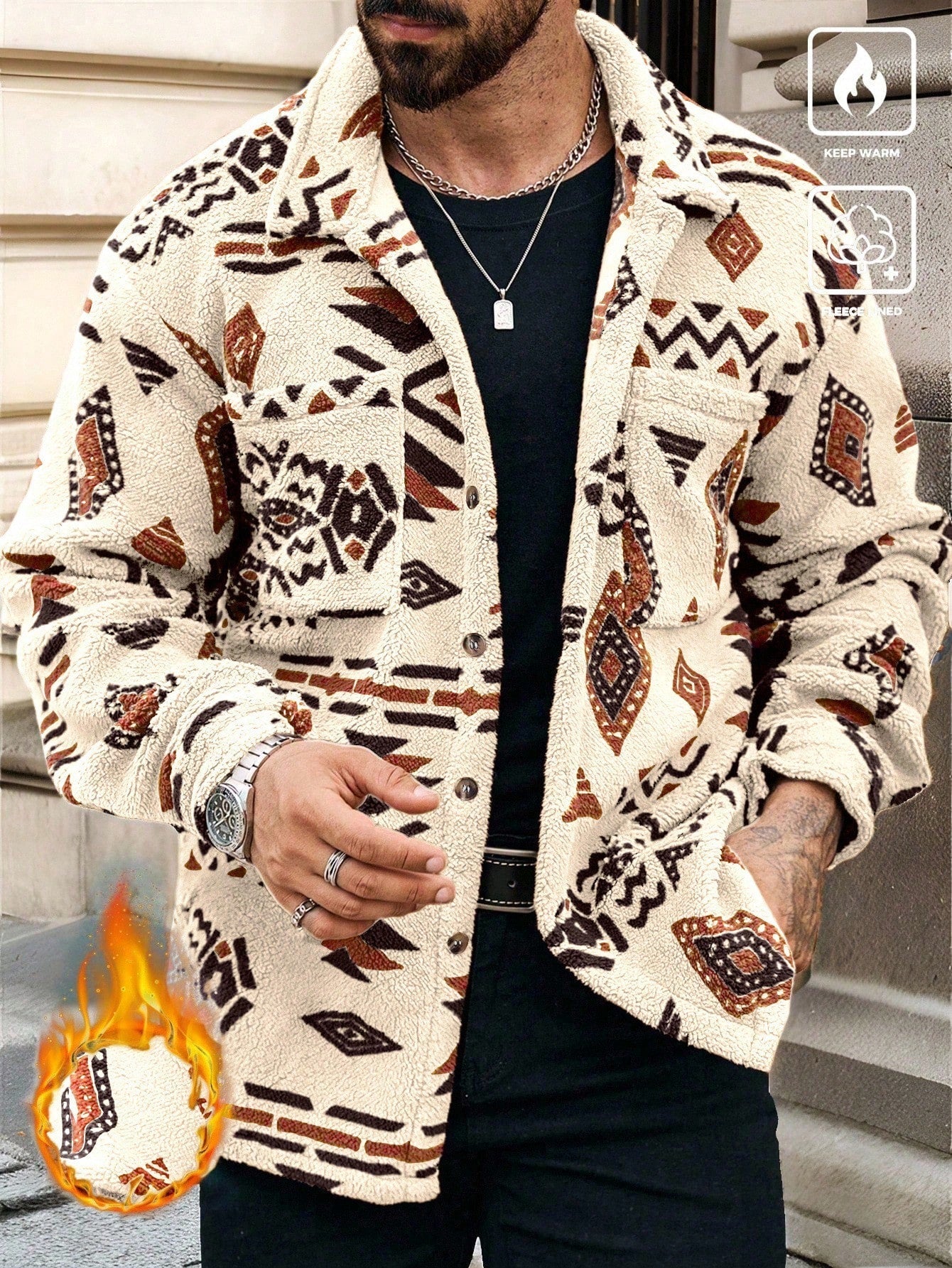 Men's Geometric Pattern Button-Up Pocket Jacket