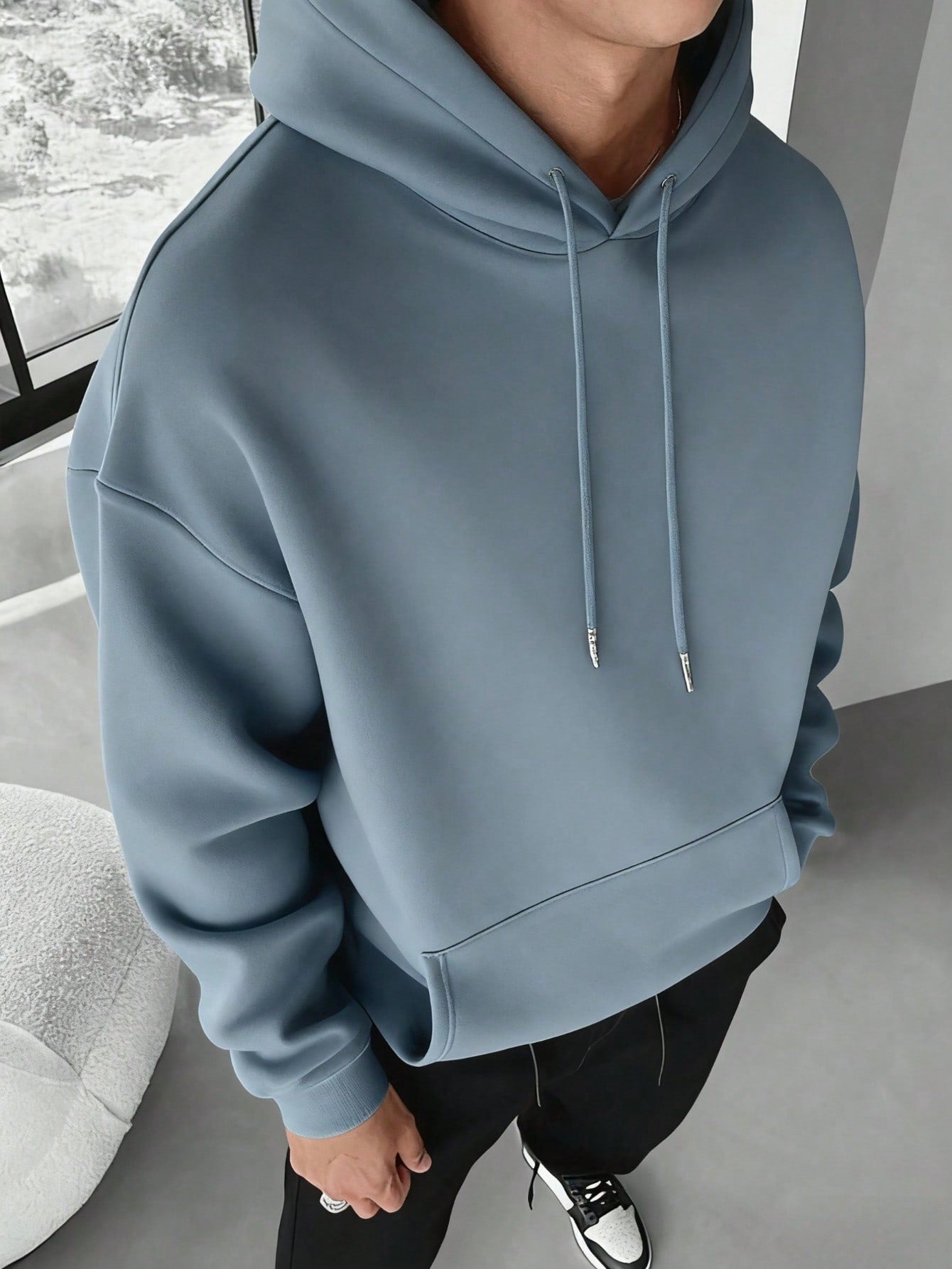Men's Solid Color Drop Shoulder Long Sleeve Drawstring Pocket Casual Hoodie