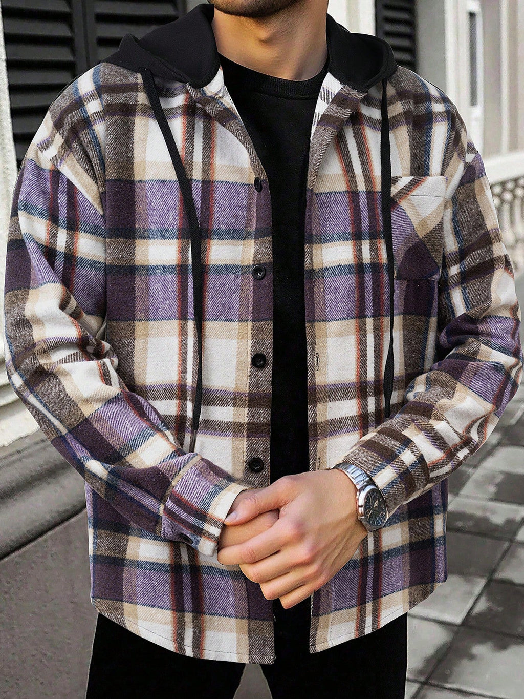 Men's Casual Collegiate Style Floral Print Patchwork Drawstring Hooded Shirt
