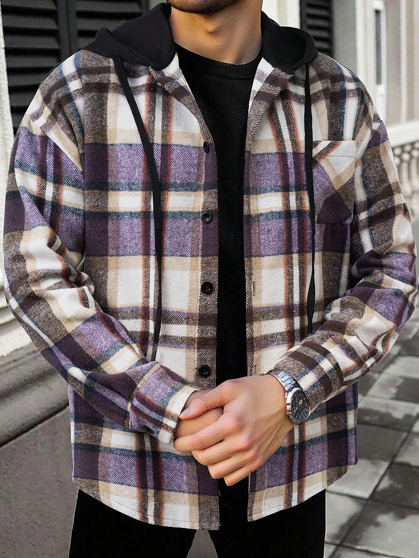Men's Casual Collegiate Style Floral Print Patchwork Drawstring Hooded Shirt