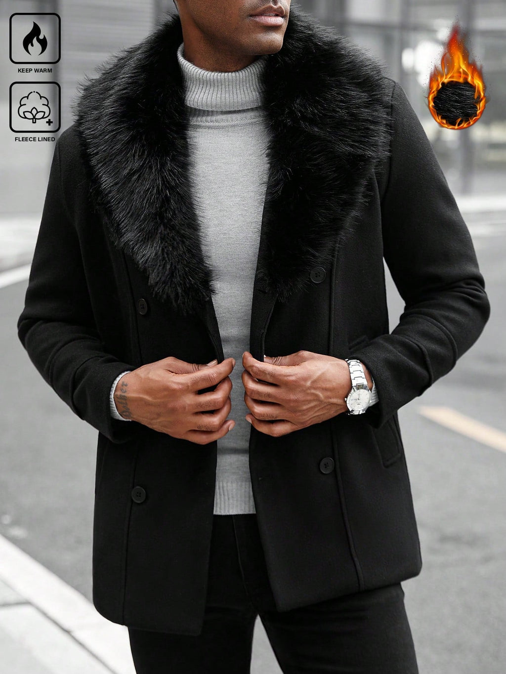 Men's Solid Color Lapel Neck Faux Two Pieces Long Sleeve Casual Woolen Jacket