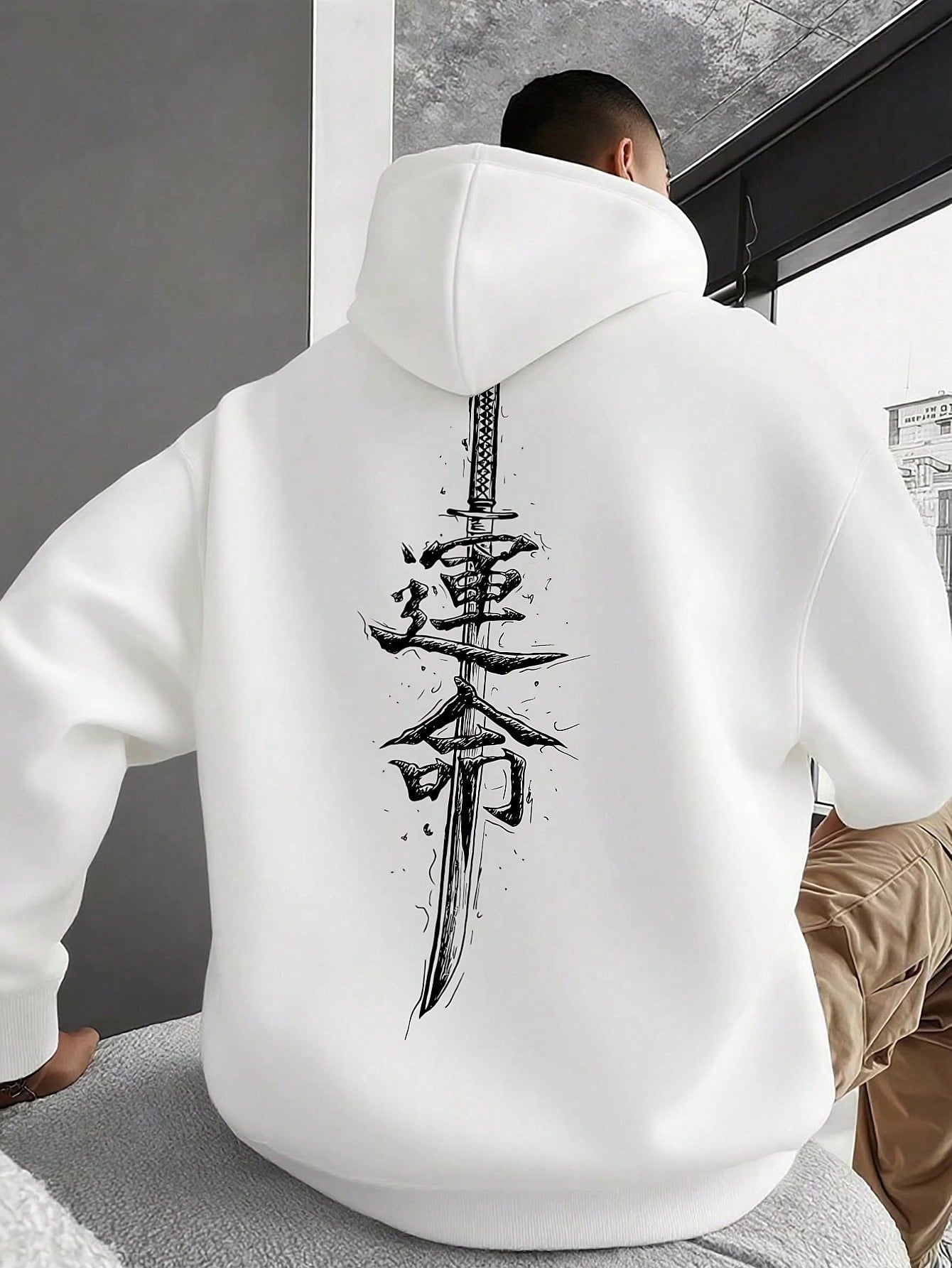 Men's Casual Drop Shoulder Long Sleeve Hoodie With Chinese Character Pattern