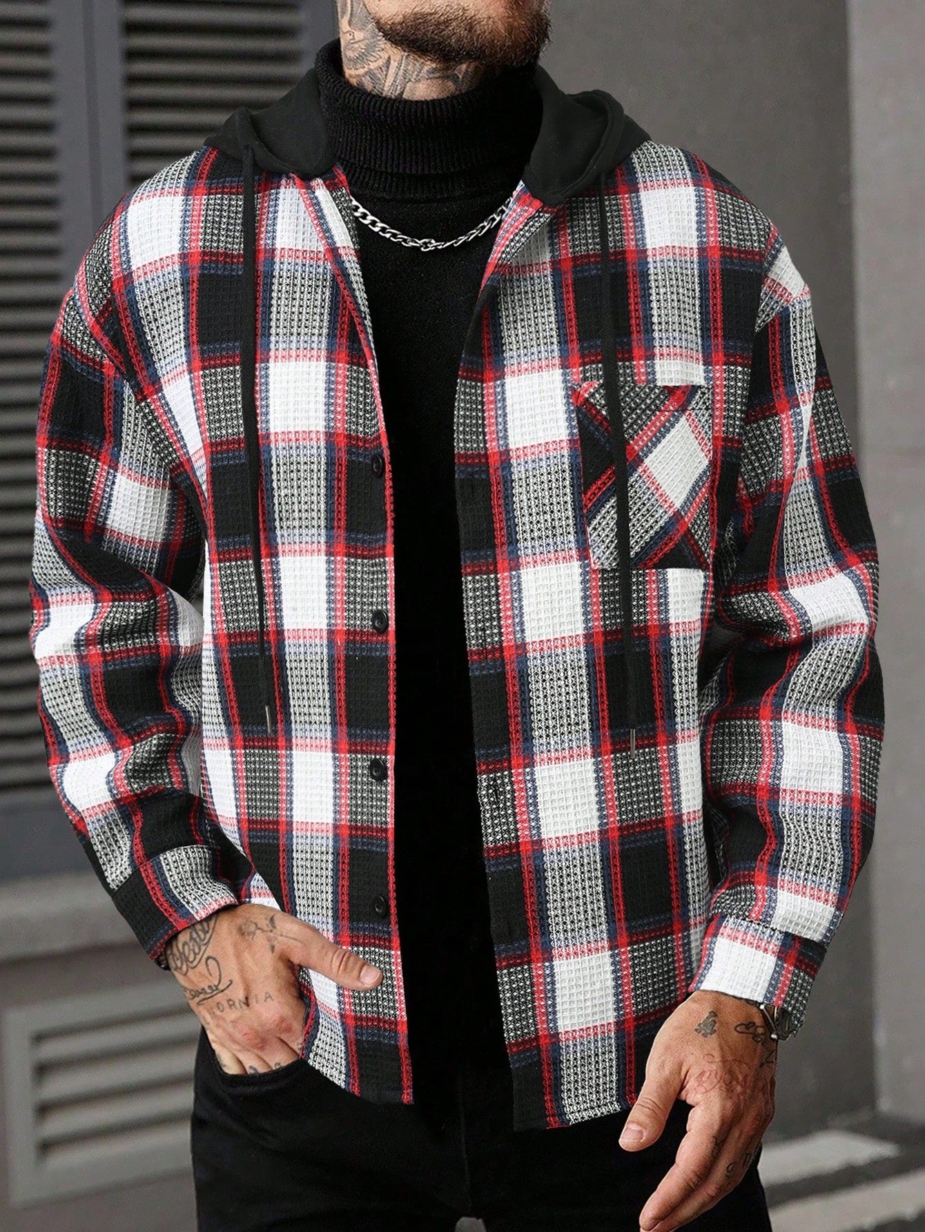 Men's Casual Collegiate Style Floral Print Patchwork Drawstring Hooded Shirt