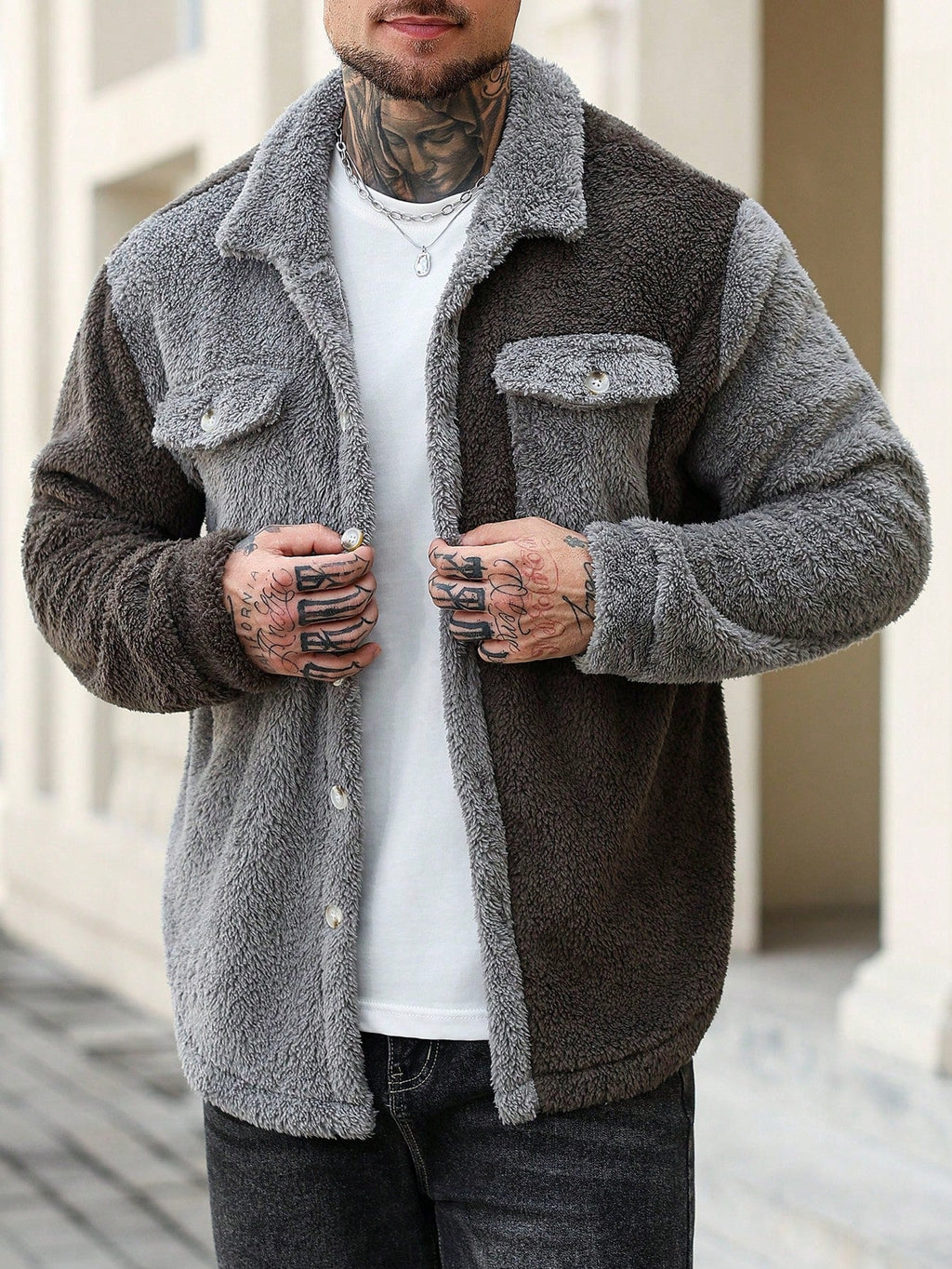 Men's Solid Color Contrast Trim Button Front Pocket Furry Long Sleeve Casual Jacket